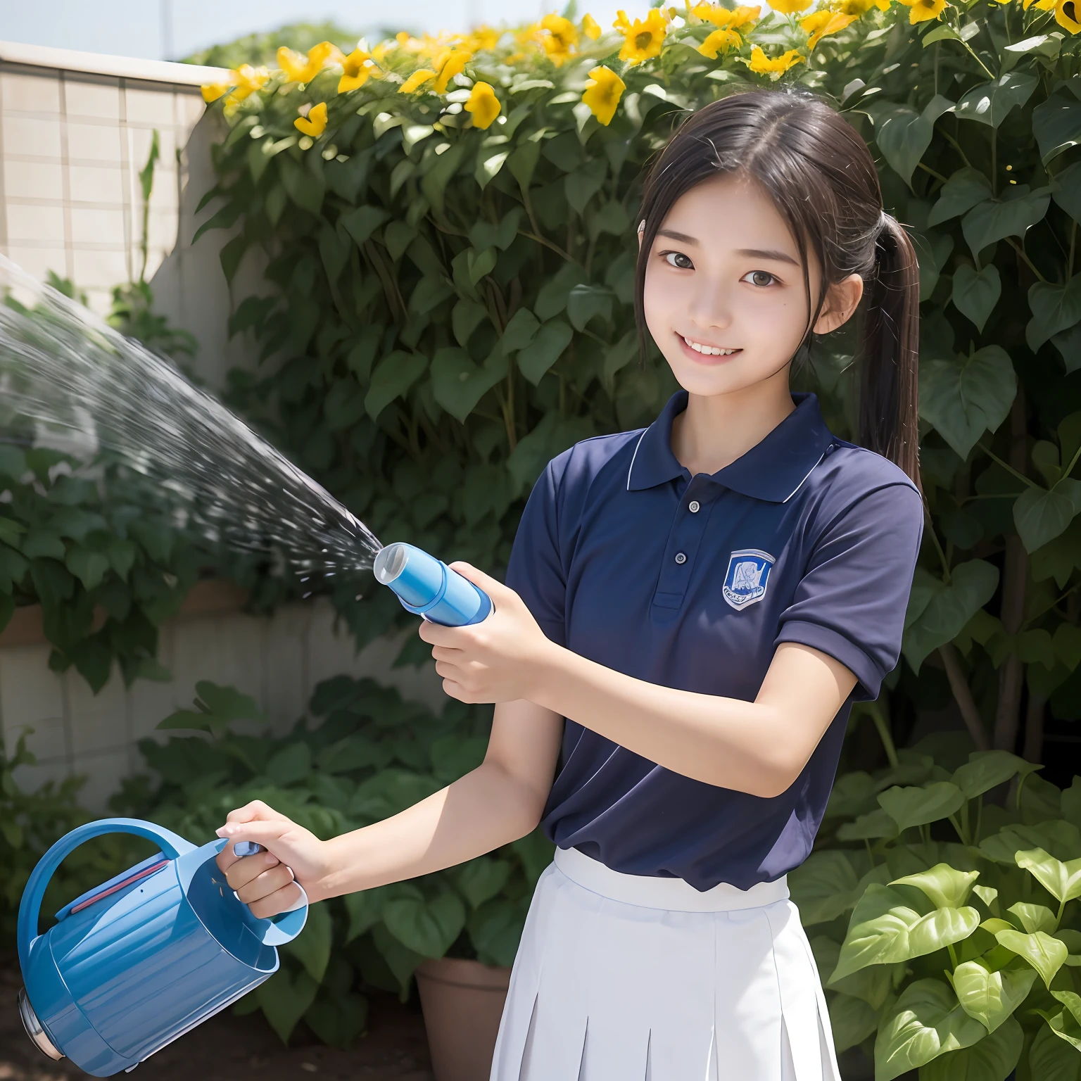slim figure, femele, Dark blue polo shirt, white pleats skirt, , A smile, Watering in the garden, bangss, (((a junior high school student))), Short Bob Twin Tail Hair,realskin, (((sixteen years old))), bangss, hoses, Sun flower, watering can