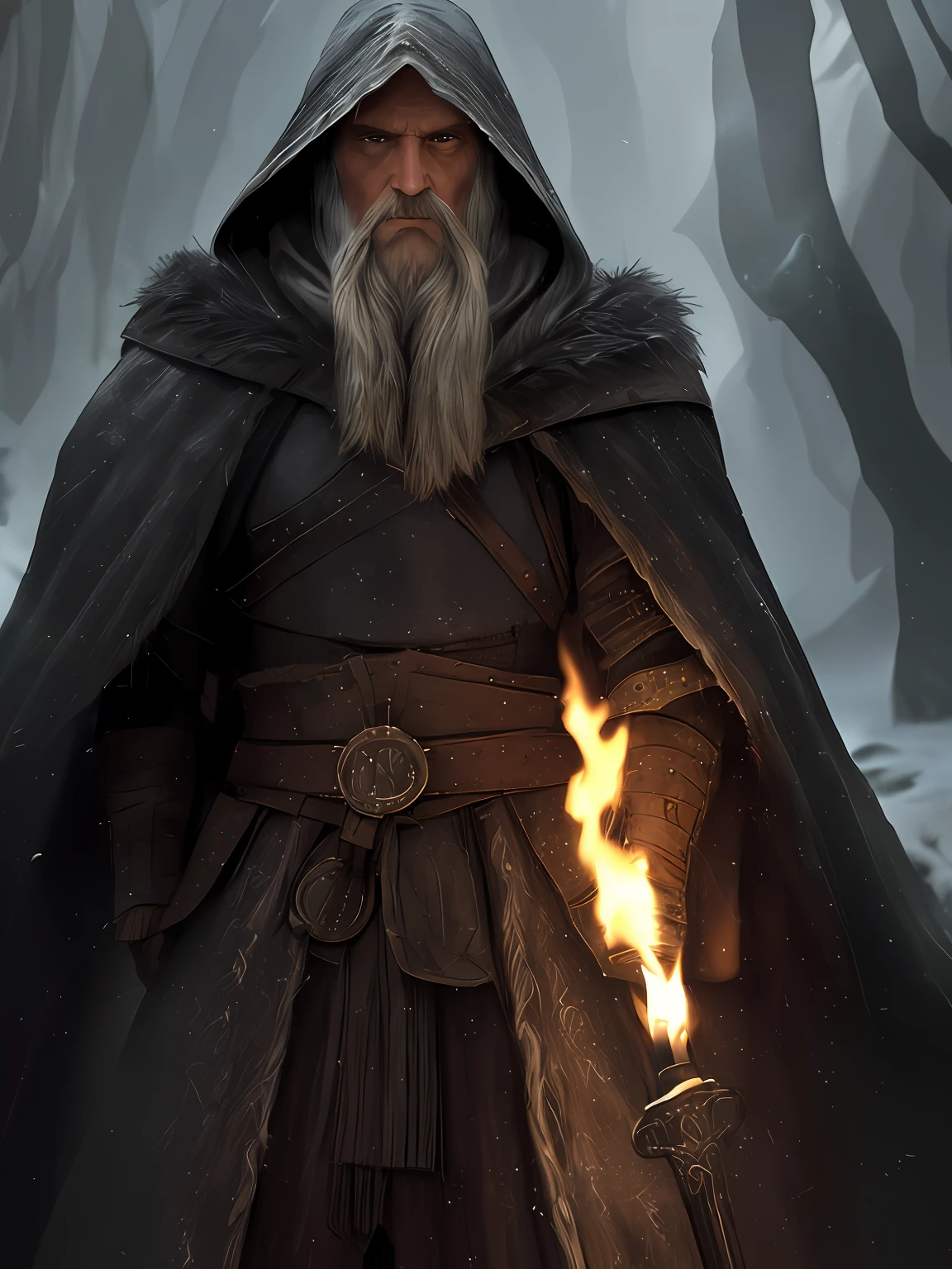 (Higher quality: 1,3), Cinematic shot, obra maestra, (foco nítido: 1,5), (fotorrealista: 1,3), retrato medio de (A tired-looking old Viking warrior but still proud and fierce, Now the leader of his village , vestido con cota de malla elaboradamente detallada y armadura de cuero, The night was dark and cold The sound of footsteps echoed through the cave deafening the constant dripping of rain Three rough men in their thirties, carrying spears and jagged shields, moved cautiously into the depths of the cavern The torches lit dimly the path, creating shadows that moved and twisted on the damp walls. A ghostly atmosphere enveloped the entire place algunas antorchas arden en las paredes, giving the scene a dark atmosphere but sculpting the shapes in crisp chiaroscuro), es de noche, (piel muy detallada), (rostro detallado), fondo detallado, dark ilumination, twilight lighting, volumetric illumination, detalles intrincados, UHD,
