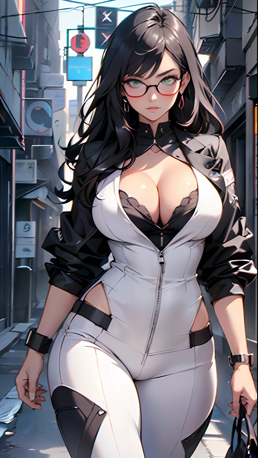 cute girl,(((1girl))),((anime girl with extremely cute and beautiful black hair walking seductively down the street)),

(Large breasts:1.4),(((black hair:1.35,colored inner hair,ear breathing,large hair, tomboy haircut))),((green eyes, perfect eyes, upturned eyes:1.3, beautiful detailed eyes, finely detailed beautiful eyes:1, big highlight on eyes:1.2, slanted eyes)), ((fat)),((lustrous skin:1.5,bright skin: 1.5,skin tanned,shiny skin,very shiny skin,shiny body,plastic glitter skin,exaggerated shiny skin))),(spider lower abdomen,narrow waist,wide hip,athletic body,inflated legs,delicate detailed fingers,detailed body,detailed arms,human hands, detailed hands),

cute,slutty,seductive,erotic,nsfw, 

((((glasses)))),(((wearing white formal blazer,black formal pants,))), (((huge cleavage))), (detailed outfit,detailed clothes),

(dynamic pose:1.0), solo focus, embarrassed, centered, scale to fit dimensions, Rule of thirds,

outdoors, ((night view)), (cyberpunk night street Background: 1.5,dark sky,alleyway,lonely alley,thick clouds, detailed background:1.25),

(best quality), (high resolution), (sharp focus), (ultra detailed), (extremely detailed), (extremely high quality artwork), 8k_wallpaper, (extremely detailed CG 8k),(very fine 8K CG), ((hyper super ultra detailed perfect piece)), flawless, (((masterpiece))), illustration, vibrant colors,  (intricate), High contrast, Selective lighting, Double exposure, HDR (High Dynamic Range), Post-processing, Background blur,