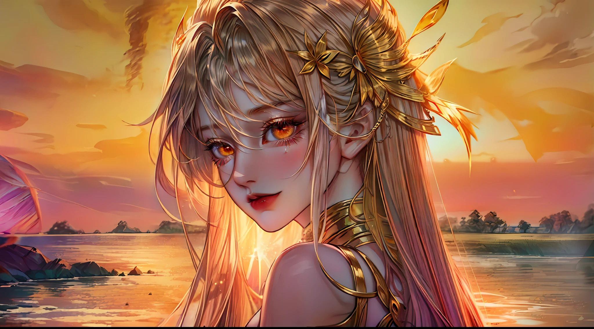 The "golden hour" is a term used in photography and cinematography to describe the time of day just after sunrise or just before sunset when the natural light is soft and warm, and the colors in the sky and on the landscape are particularly vivid and beautiful.In anime, the golden hour is often depicted through stunningly detailed and vibrant backgrounds, with the warm hues of the sun bathing the scenery in a rich, golden light. Characters might be shown basking in the glow of the sunset, their silhouettes sharply defined against the brilliant sky. The mood during the golden hour in anime is often peaceful, introspective, or romantic, as characters reflect on the beauty of the world around them.The golden hour is frequently used in anime to create a sense of wonder and awe, capturing the beauty of the natural world and inviting viewers to appreciate the fleeting moments of magic that can be found in everyday life. close POV, young anime girl wearing a beautiful dress, beautiful orange eyes sparkling, golden hour sunset, golden hour, golden hour scenery, smiling at the camera, elegant pose, looking at the viewer, fantasy art style, character portrait, drawn in medibang paint, 4k wallpaper, aesthetic, masterpiece, award-winning photography, macro photography vivid colors, photorealistic, atmospheric, cinematic, moody, rule of thirds, majestic, detailed, perfect anatomy cowboy shot, contrapposto, looking at viewer, highres, superb, 8k wallpaper, extremely detailed, intricate, unreal engine 5, volumetric lighting, realistic, realistic lighting, cinematic, 4k, cinematic lighting, 8k, depth of field, 3d, masterpiece, perfect, award-winning, hyper-detailed, photorealistic, ultra realistic, realistic light, hard lighting, intricate details, stop motion, hyperfocus, tonemapping, sharp focus, hyper detailed, detailed eyes, eyes focus, (illustration:1.1), highres, (extremely detailed CG unity 8k wallpaper:1.1), (mid shot1.25), (portrait:1.25), (solo:1.2), 1girl, (beautiful fac