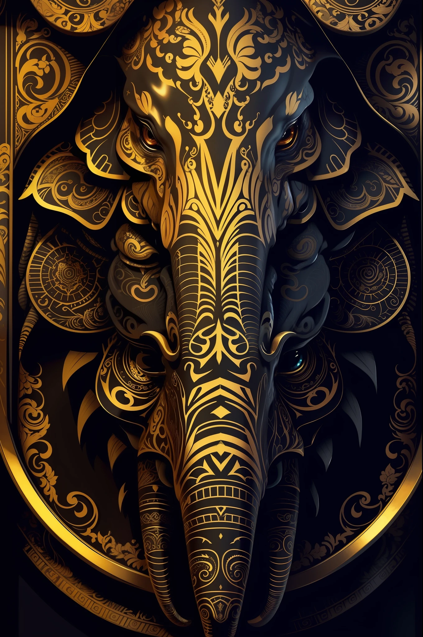 Elephant, extremely detailed and intrincate design, coat of arms. Colorful line art, fractal like, tatoo like design on the elephant. Golden and many colours. Black background.