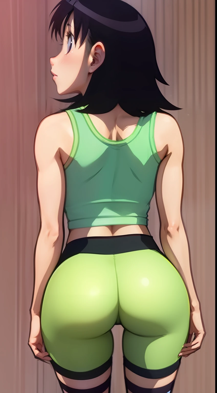 Tomo Takino, Azumanga daioh, black hair, messy hair, tank top,  striped biker shorts, black socks, shoes, breasts, Wallpaper, Close-Up, back of view, standing up, checking out her butt, ass view, smirking, hands on her waist, tight ass cheeks, pantyline