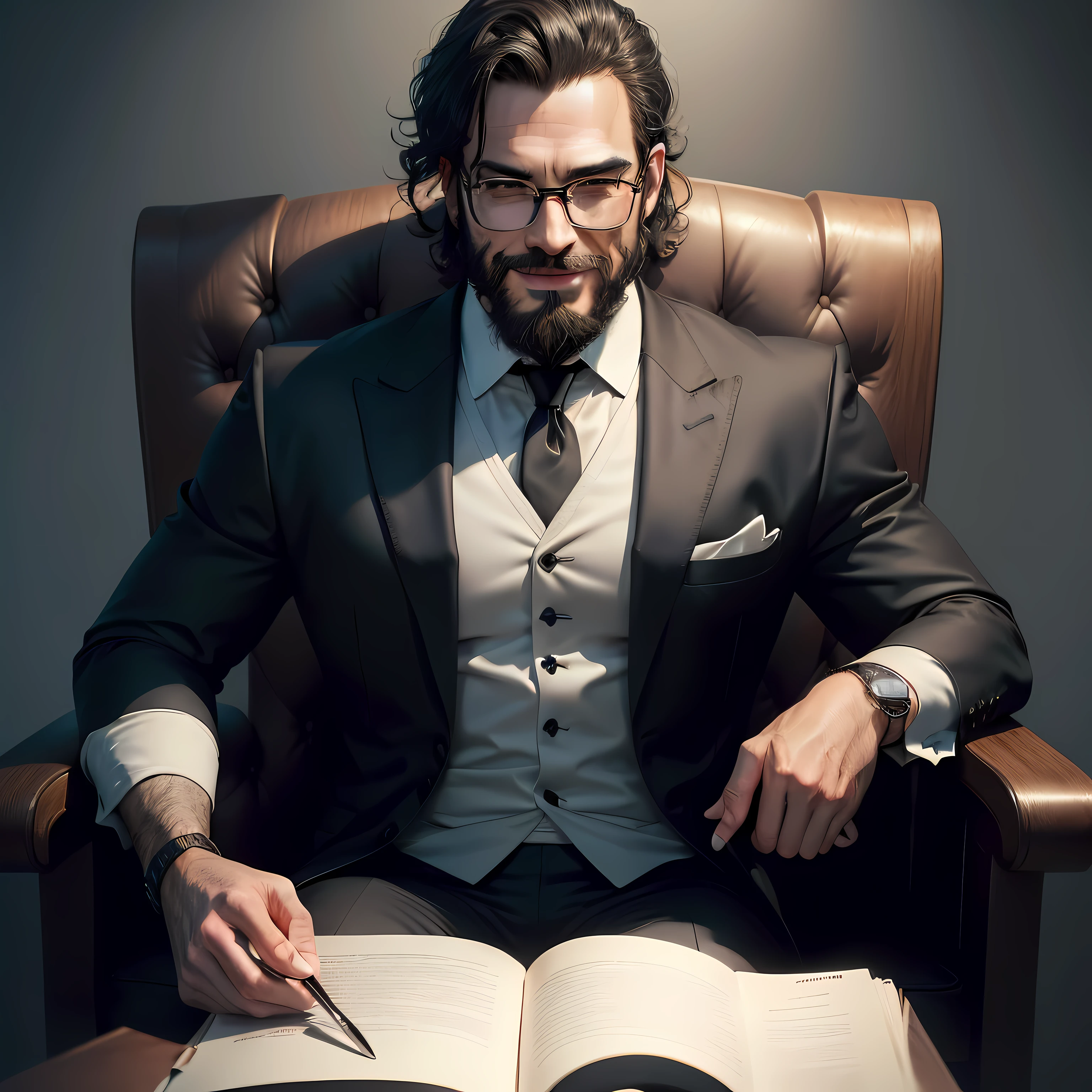 ((half body)) Photo RAW Ceo Man with glasses sitting in office chair, wearing black suit, (Wearing Blackbeard) movie scene, (Flawless), Smiling, elegant man with thick manly eyebrows, (with happy face, ) short dark hair, white background image, elegant, (high quality and realistic image), ((best quality, 8k, masterpiece)