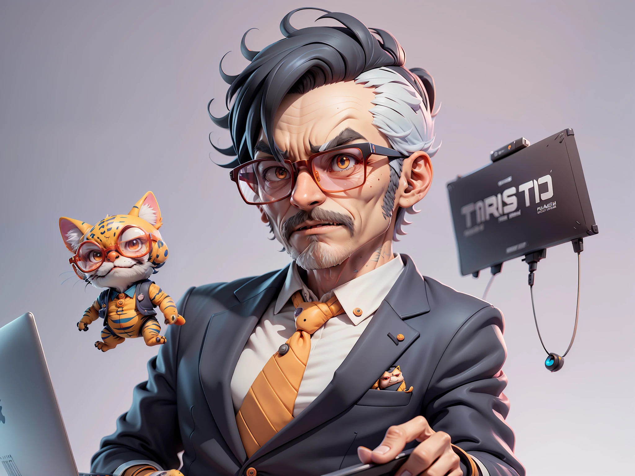 A young man in a suit, Short hair and glasses sat at his desk,holding laptop,digitial painting,tigre,3D character design by Mark Clairen and Pixar and Hayao Miyazaki and Akira Toriyama,4K HD illustration,Very detailed facial features and cartoon-style visuals。