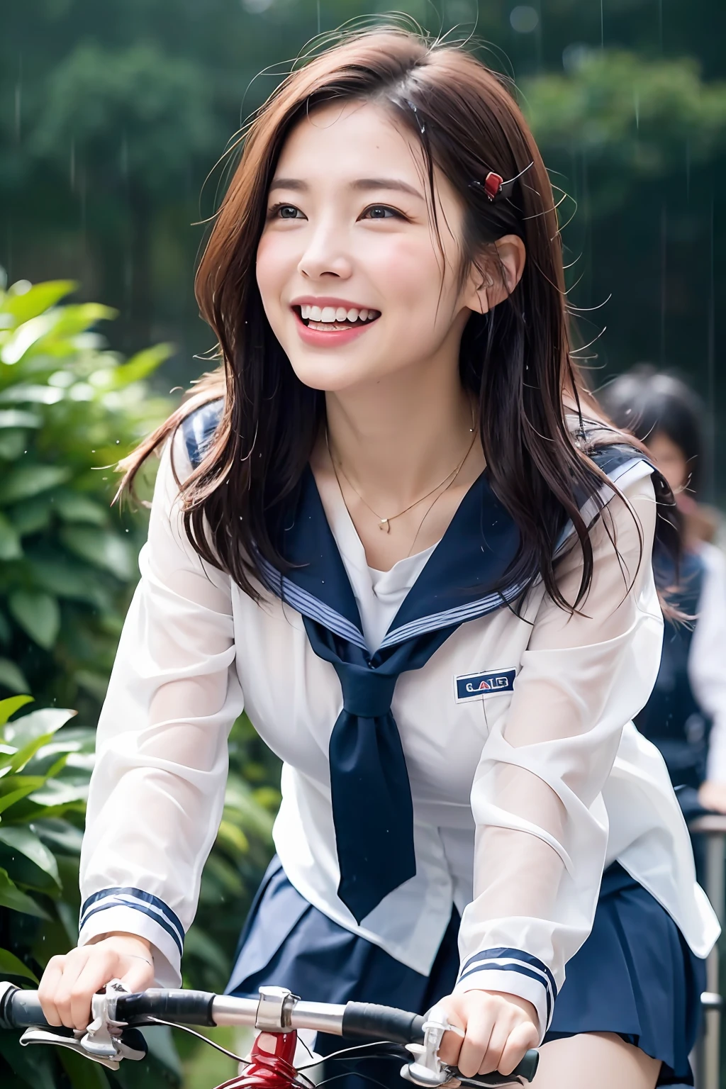 One Girl in the Rain、Blushing cheeks、((Red Bicycle))、((Riding a bicycle and smiling))、gazing at viewer、Heavy rain、large full breasts、A sheer sailor suit that sticks to your chest when wet、skirt by the、Girl in Japan uniform and girl in the rain 、Pedaling a bike in the rain、florals、hair pin、a necklace、piercings、Getting wet and leaning forward、from below looking up、depth of fields、pointed red mouth、short hair of reddish-brown color wet and shiny,,,,,,,,Red mouth,Black eyes、鎖骨、Beautiful fingers、Hourglass body、portrait of a full body、Loosen your tie、Wet cute face、