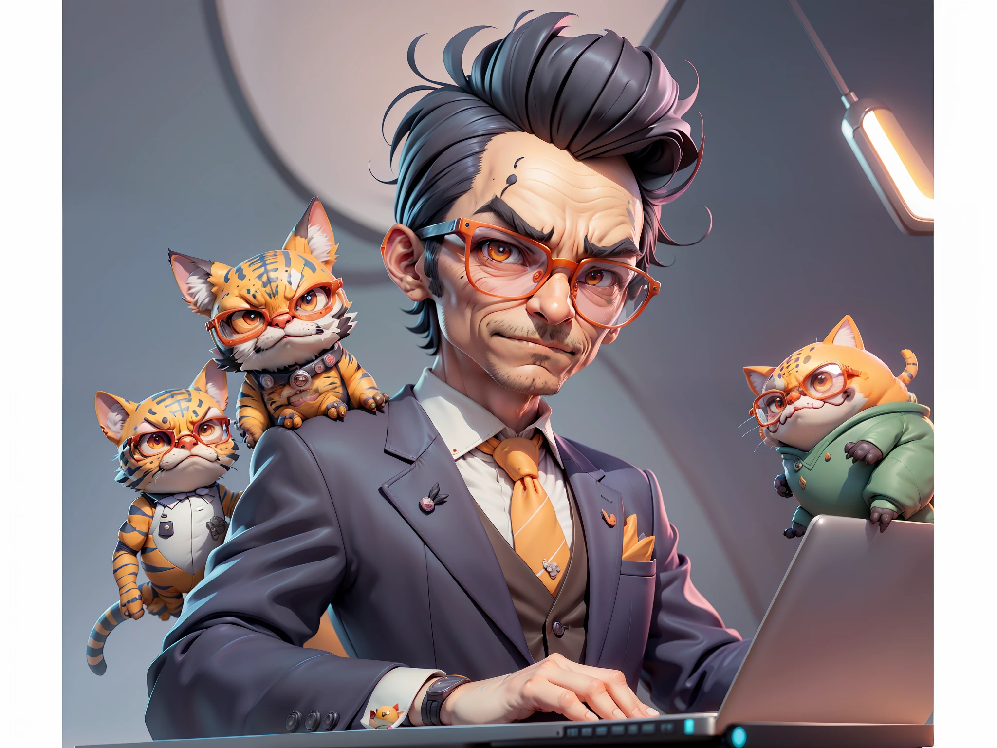 A young man in a suit, Short hair and glasses sat at his desk，holding laptop，digitial painting，tigre，3D character design by Mark Clairen and Pixar and Hayao Miyazaki and Akira Toriyama，4K HD illustration，Very detailed facial features and cartoon-style visuals。