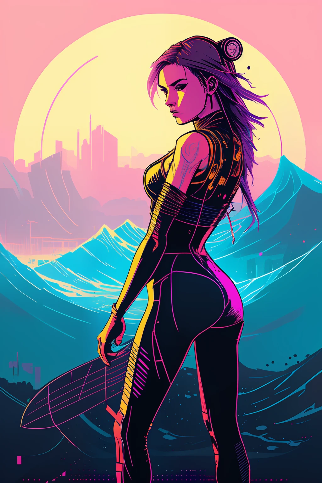 (nvinkpunk:1.2) (snthwve style:0.8) girl surfing wave, anthro, lightwave, sunset, intricate, highly detailed