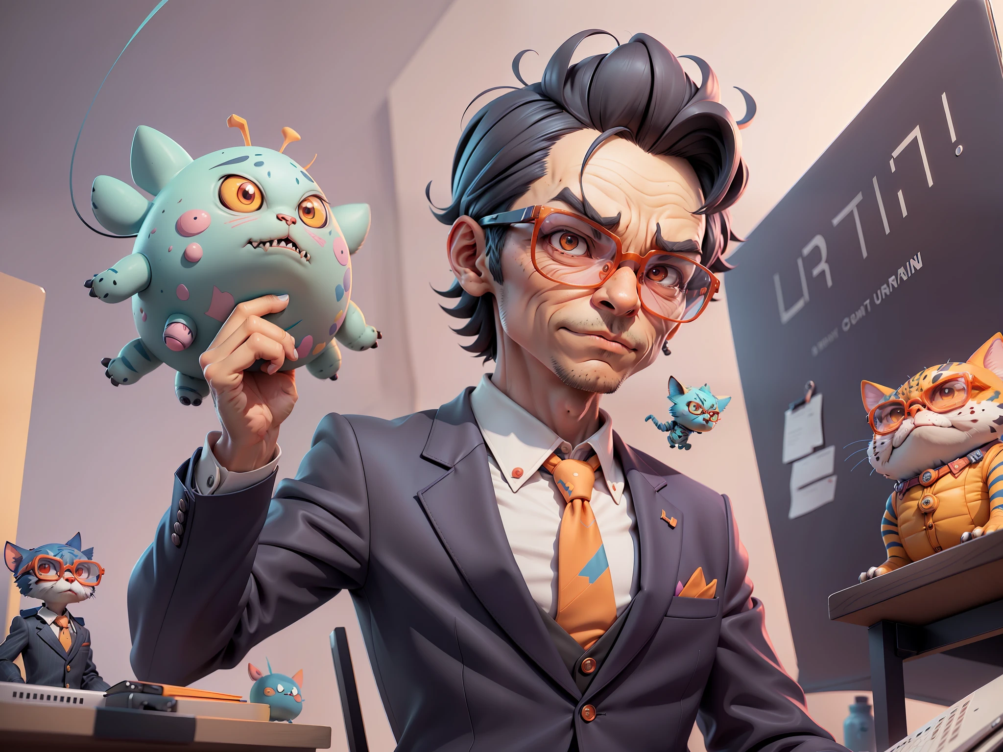 A young man in a suit, Short hair and glasses sat at his desk,holding laptop,digitial painting,tigre,3D character design by Mark Clairen and Pixar and Hayao Miyazaki and Akira Toriyama,4K HD illustration,Very detailed facial features and cartoon-style visuals。