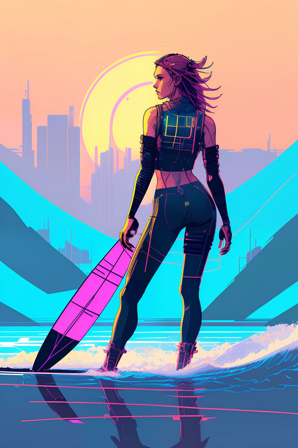 (nvinkpunk:1.2) (snthwve style:0.8) girl surfing wave, anthro, lightwave, sunset, intricate, highly detailed