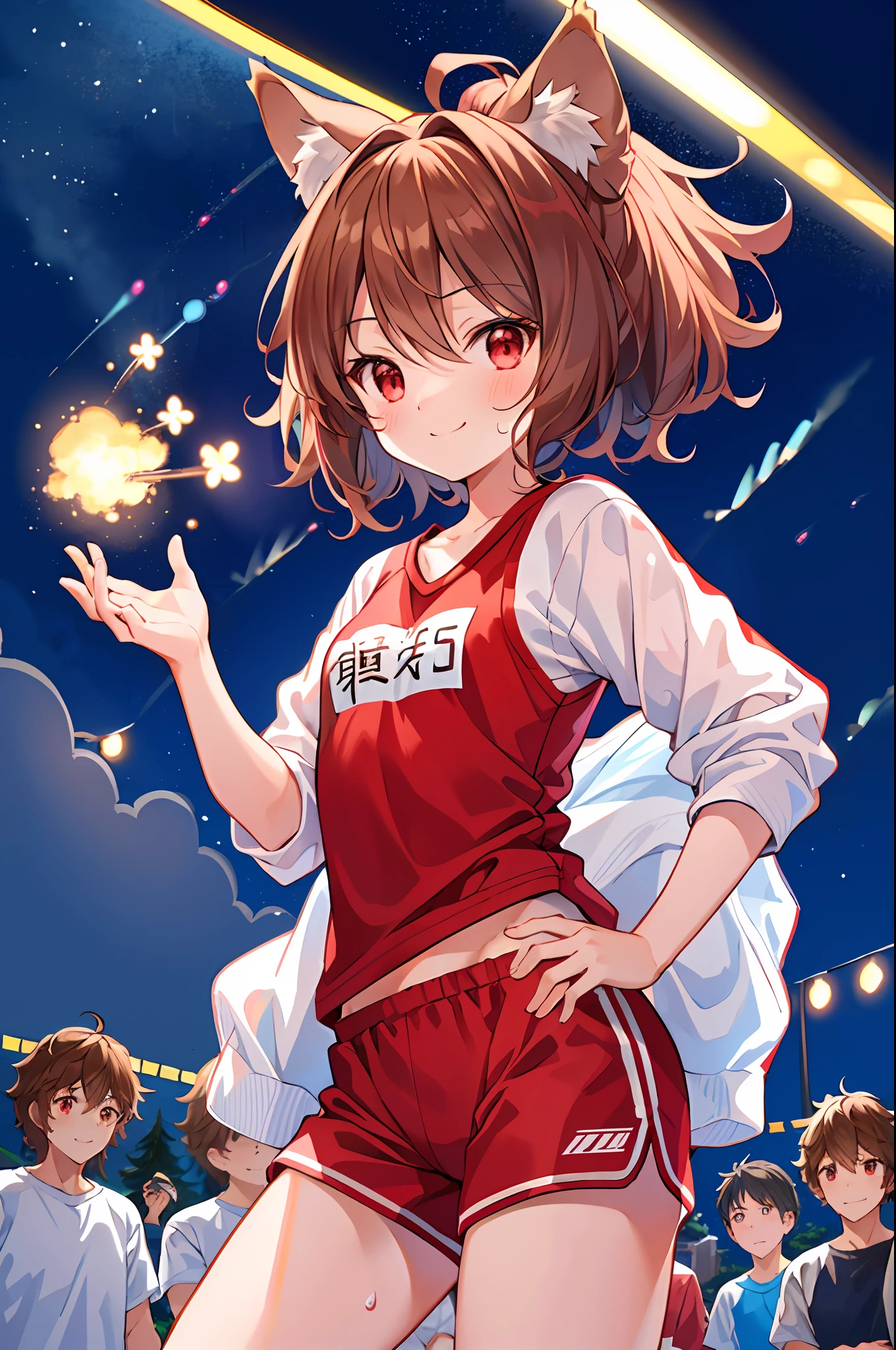 （tmasterpiece：1.2），Best quality at best，perfect anatomia，The is very detailed，
break
Personification of cute pine trees，shaggy，light  smile，独奏，
adorable big eyes，adorable eyes，（red eyes：1.4），（Furry ears：1.4），
break
Sport shirt，sweat shorts，
break
school，running track，Many small animals are anthropomorphic，footrace
break
Look at the audience，Character Spotlight，ssmile，Run，
