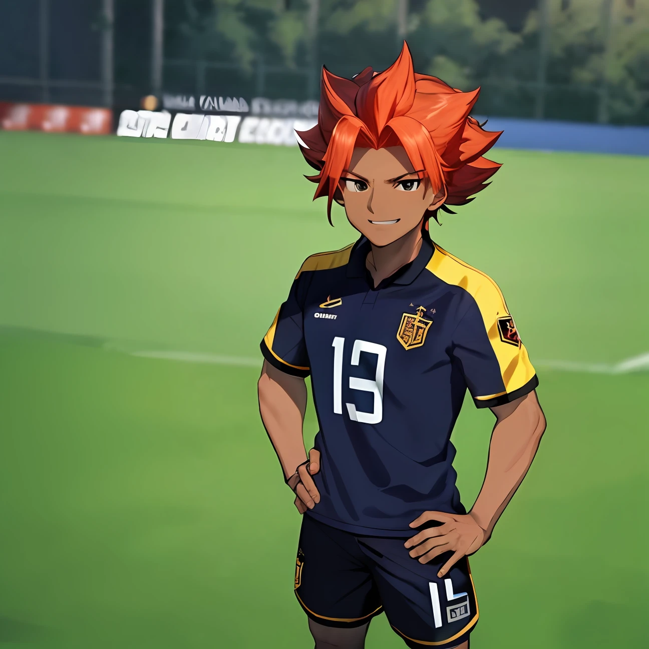 melhor qualidade, obra-prima, qualidade 8k, melhores pixels, 1boy, mature_man, Axel Blaze, (cabelo preto), campo de futebol, de frente para o espectador, standingn, segurando uma bola de futebol, sorrindo