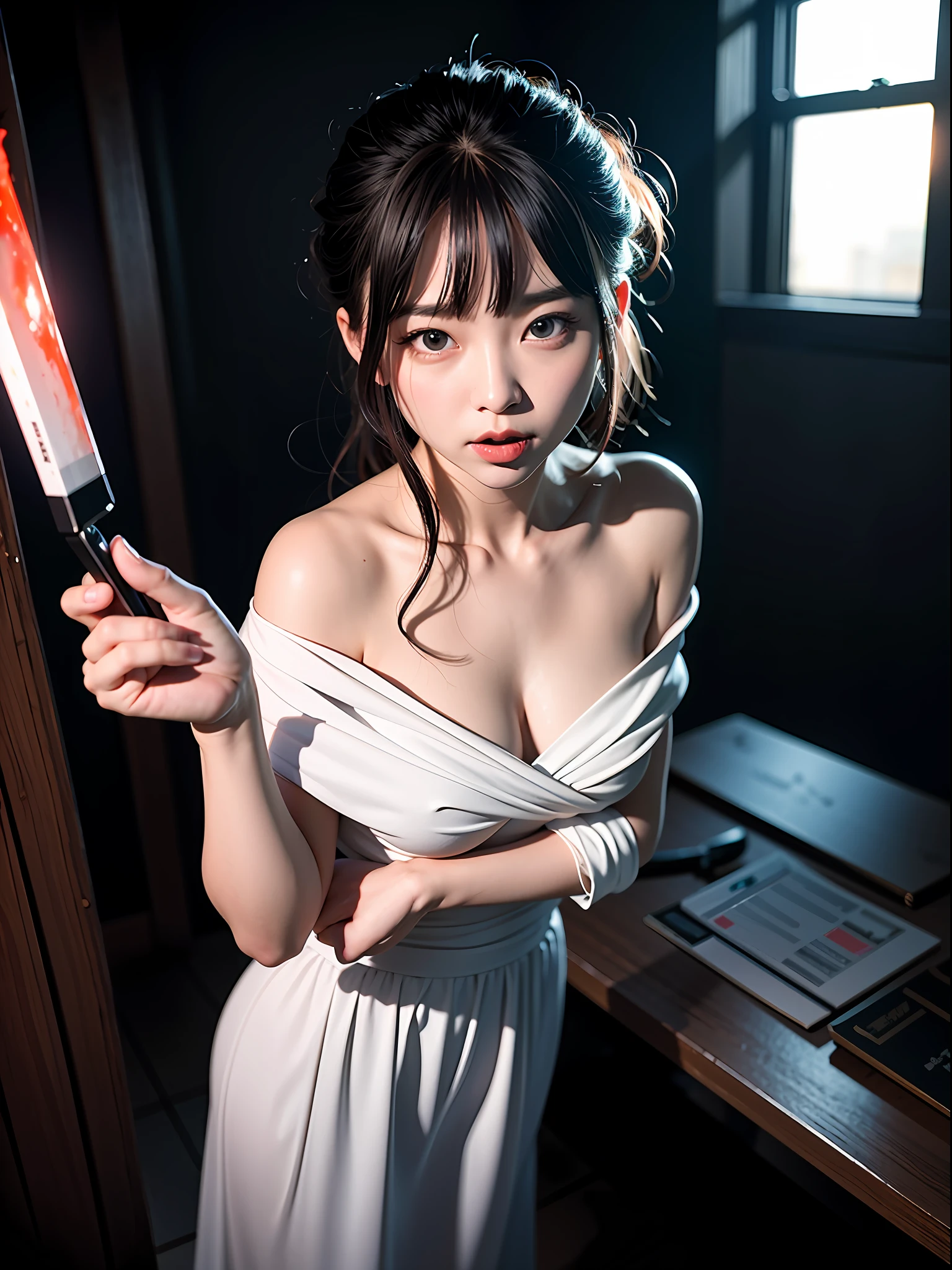 8K、Top image quality、​masterpiece、25-years old、(1 adult female)、White Off Shoulder Dress、Horror style、angry expressions、The dim、A knife with blood glows suspiciously、She's pretty excited、She holds a knife in the dim light、Glaring at us
