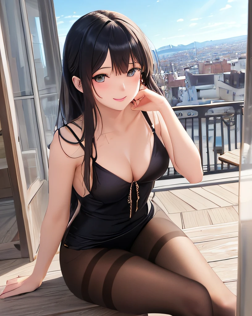 (masterpiece, best quality, beautiful:1.4), 1girl, (Yor Forger innocent housewife:1.2), corneo_yor_forger:1.5, smile, (black hair:1.2), (sidelocks:1.1), pantyhose, small breasts, outdoors, sky, city, looking at viewer, sexy pose
