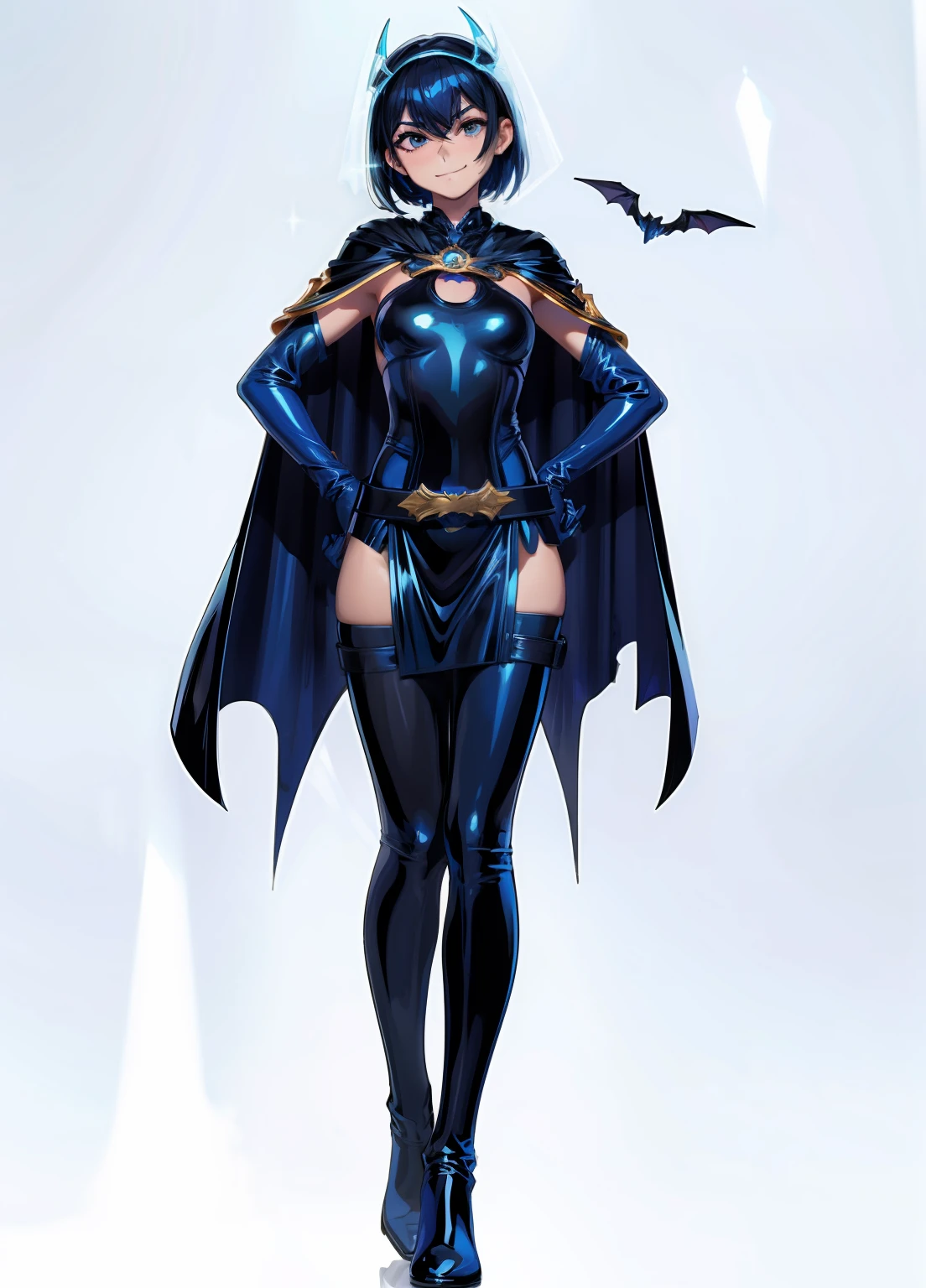 ((Magi Blue, Solo Woman, Woman in blue latex bodysuit,Bare skin is covered.、No exposure)), Black lined costume, blue cape, Black tights thighs, Glitter Costume, Batwing design with dark blue helmet, Black belt bat buckle, Black upper arm, Blue Latex Long Gloves and Boots, Blue skirt, Short hair, Straight hair, Black hair, Dark eyes, Smirk, Hands on hips, Black fog on background,