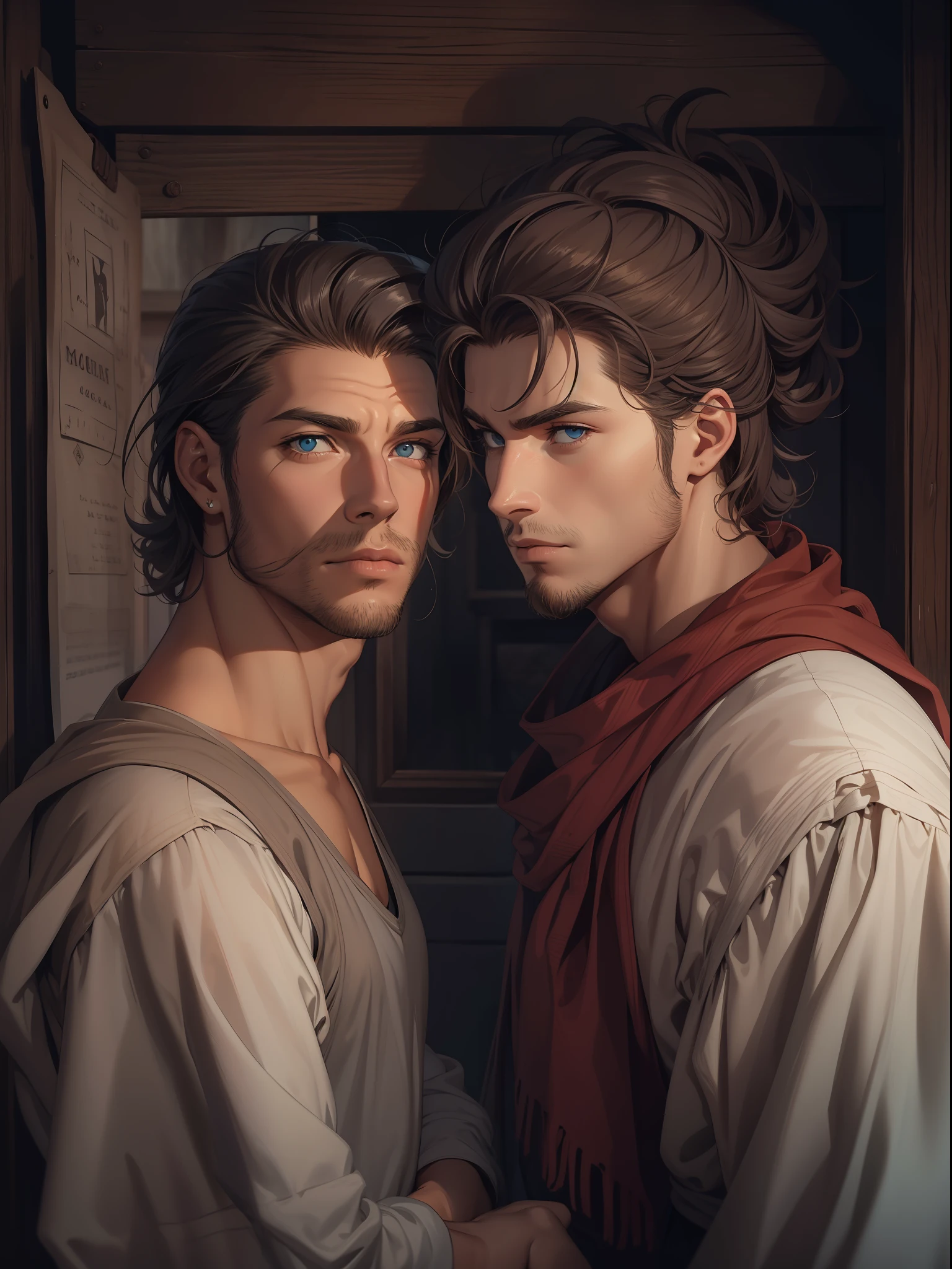 Alta qualidade de imagem, dois homens bonitos, olhos delicados, musculoso fino, alto, Hairstyle Random, rough medieval clothes,cozinha, cozinhar, olhos encantadores, janela, luz lunar suave, romantico,