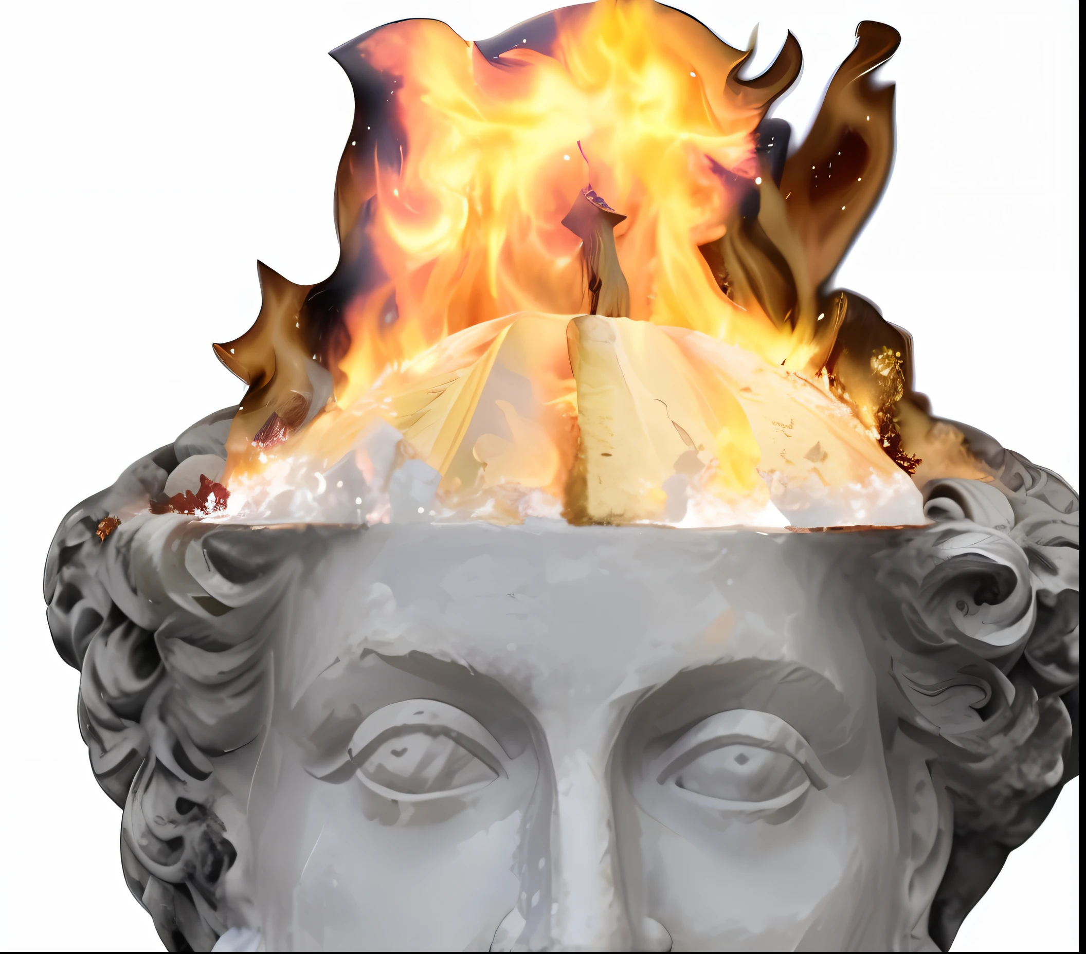 a closeup of a statue with a fire on top of it, Infero Flamejante, eStoic face, head exploding, Estoicismo, stoic, Stoic attitude, phoenix head. cera queimada, todo o rosto coberto com um fogo, pyrrhic victory, fuming effigy, fires, usando chamas tumultuosas, (fire), queimado
