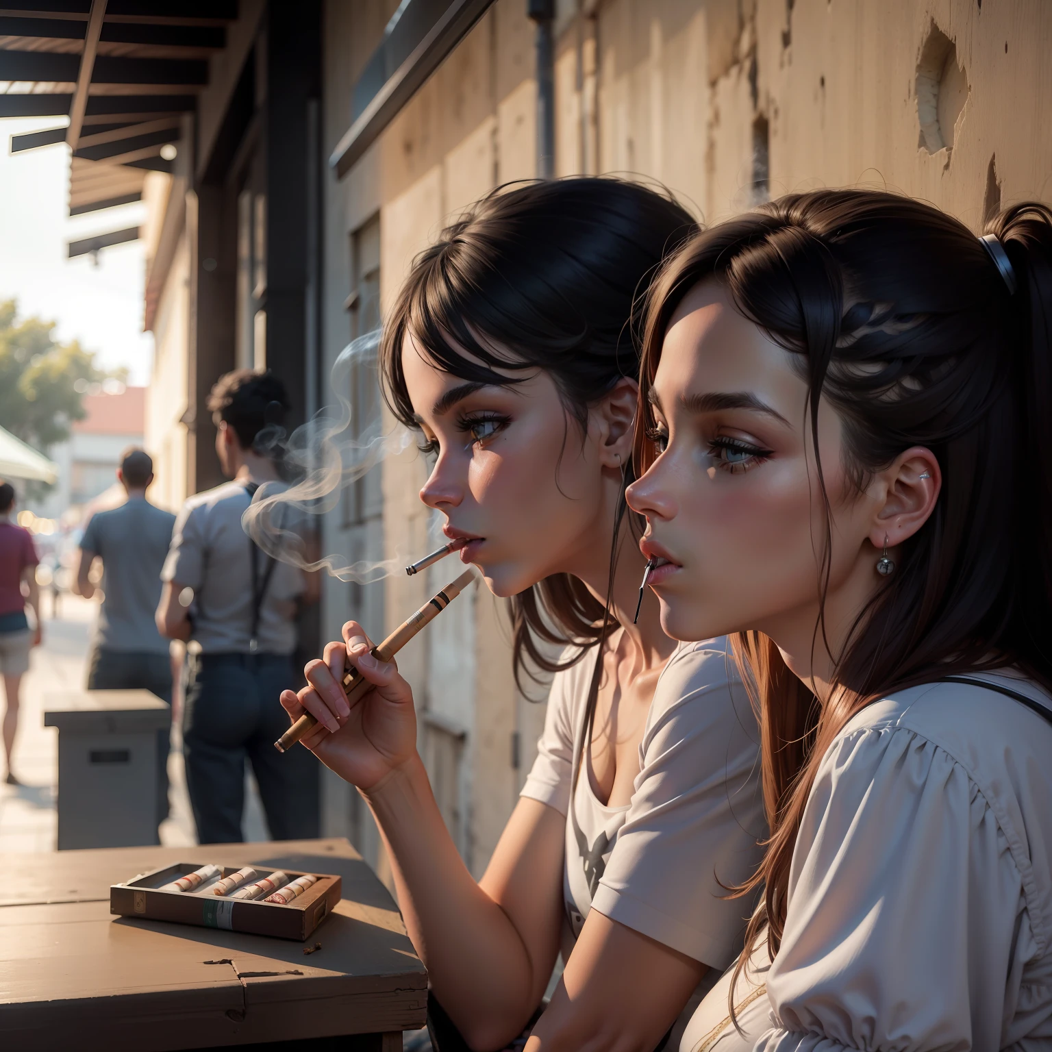 Pessoas fumando cigarro e tocando bateria 8k, foto RAW, melhor qualidade, obra-prima: