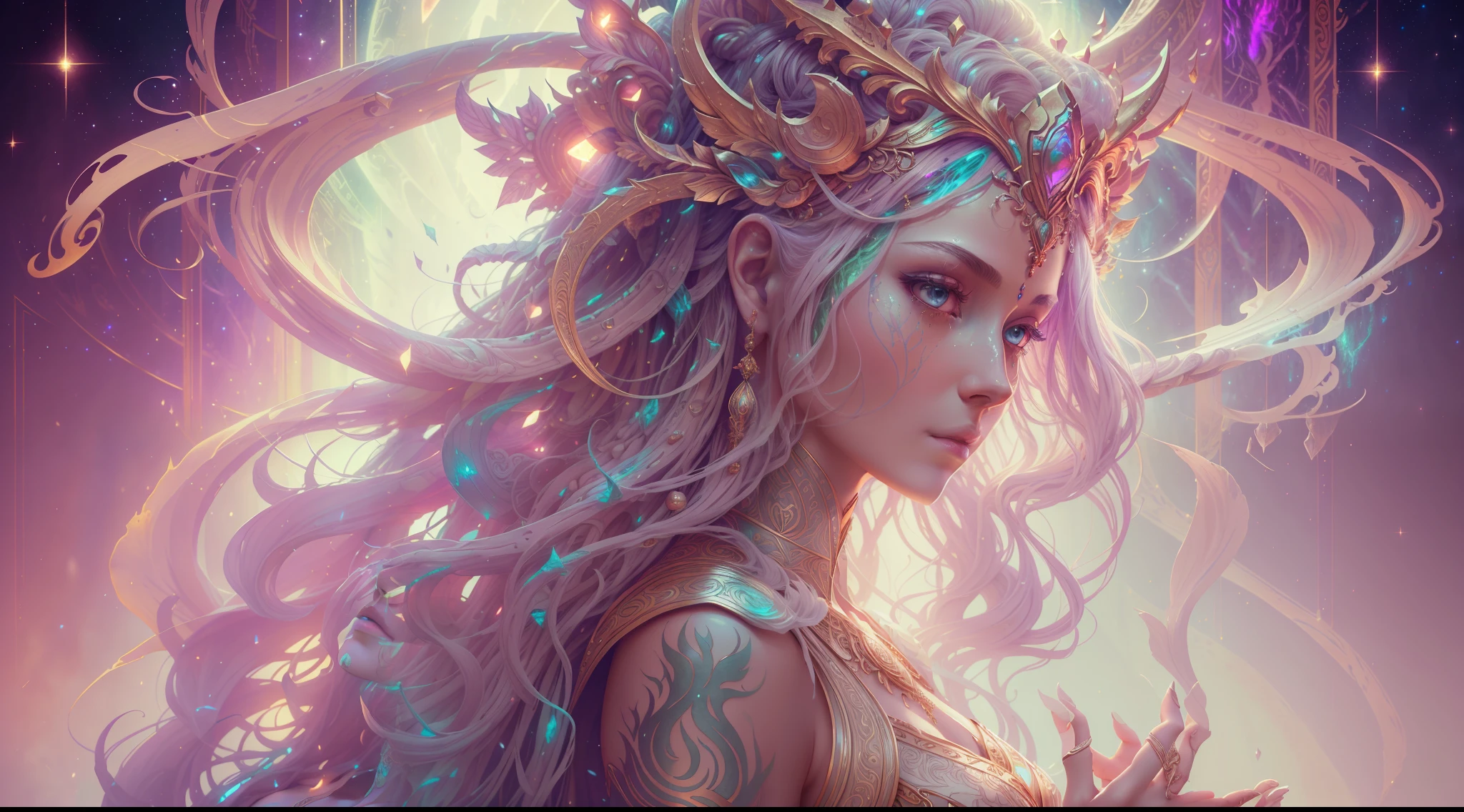 Eldritch, Harsh ancient gods in the night storm, Cloaked in a starry sky, [[Sophia Anne Caruso]], [zendaya], Translucent ivory prosthetic Eldridge horror, Erotic pose, Cinematic lighting, (By (Daniel Mernagh) (Carne Griffiths) Monika Nowak), Highly detailed, Detailed face, Soft body, Alien, Close-up of a goddess with a crown on her head, goddes, The upper part of the body，sideface, a stunning portrait of a goddess, Fantasy art Behance, goddes, Extremely high detail, Trending ArtStation, Deviantart ArtStation CGSCOSIETY, extremely detailed goddess shot, trending on artstation 4k, 3 d goddess portrait, hindu aesthetic, trends in art station
