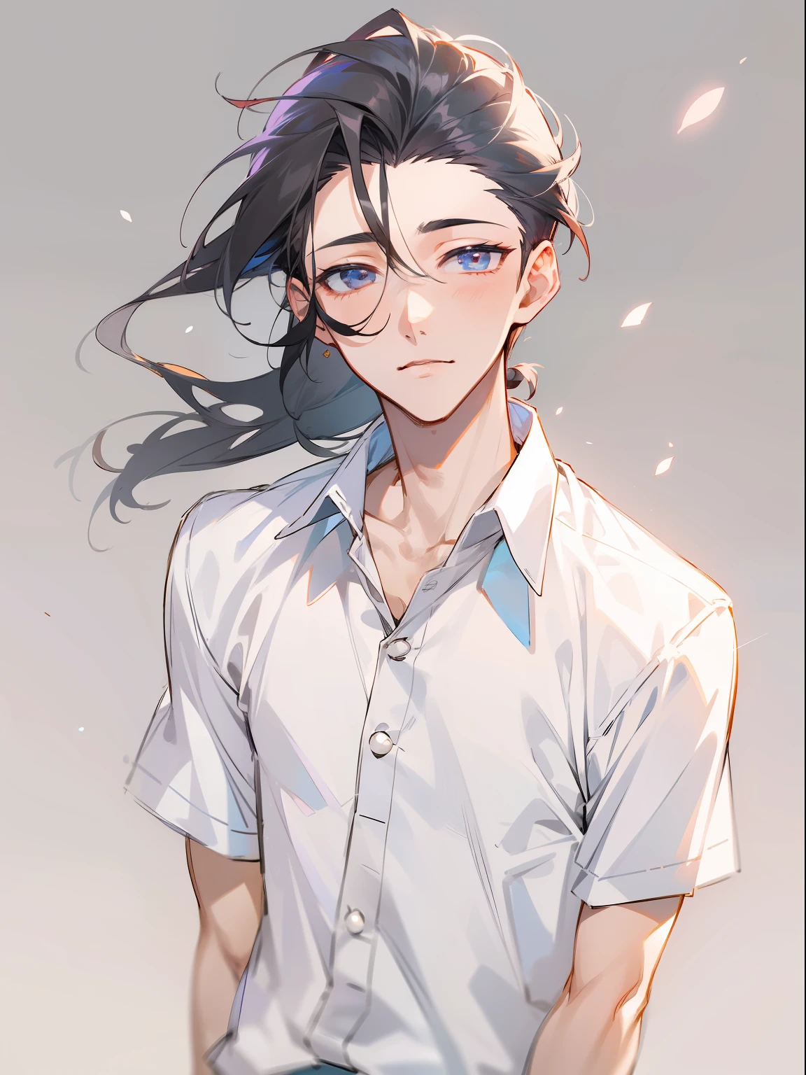 ultra detail,haigh quality,sketch,1boy,mature male,beautiful face,(black center parting hair:1.3),handsome male,pearl skin,white short sleeve shirts,drooping eyes,japanese high school,dynamic angle,japan anime,