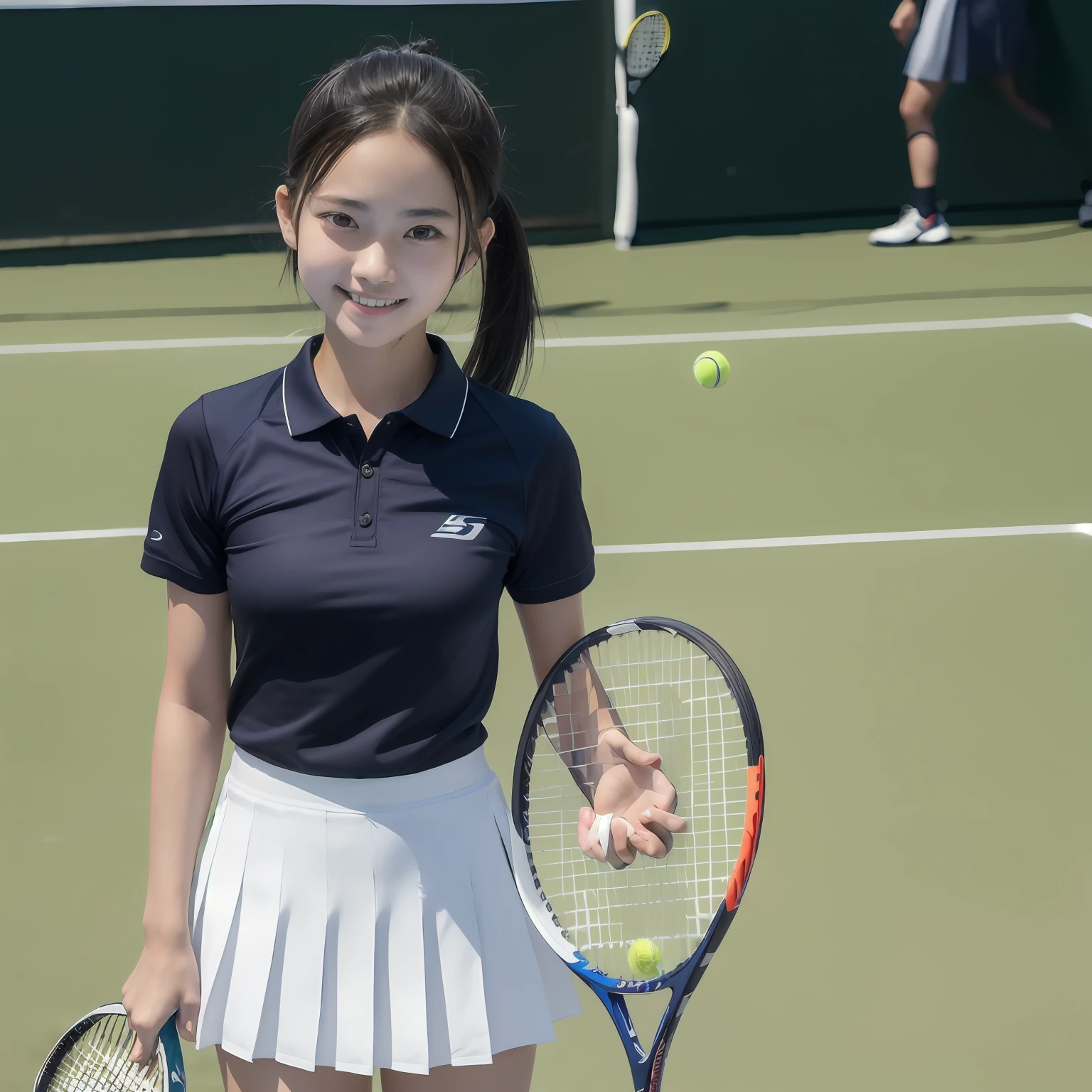 slim figure, femele, Dark blue polo shirt, white pleats skirt, (((Tennis rackets))), A smile, tennis coat, bangss, (((a junior high school student))), Short Bob Twin Tail Hair,realskin, (((sixteen years old))), bangss, Active Pose, Sheer sunlight, sun burn, slightly big breast