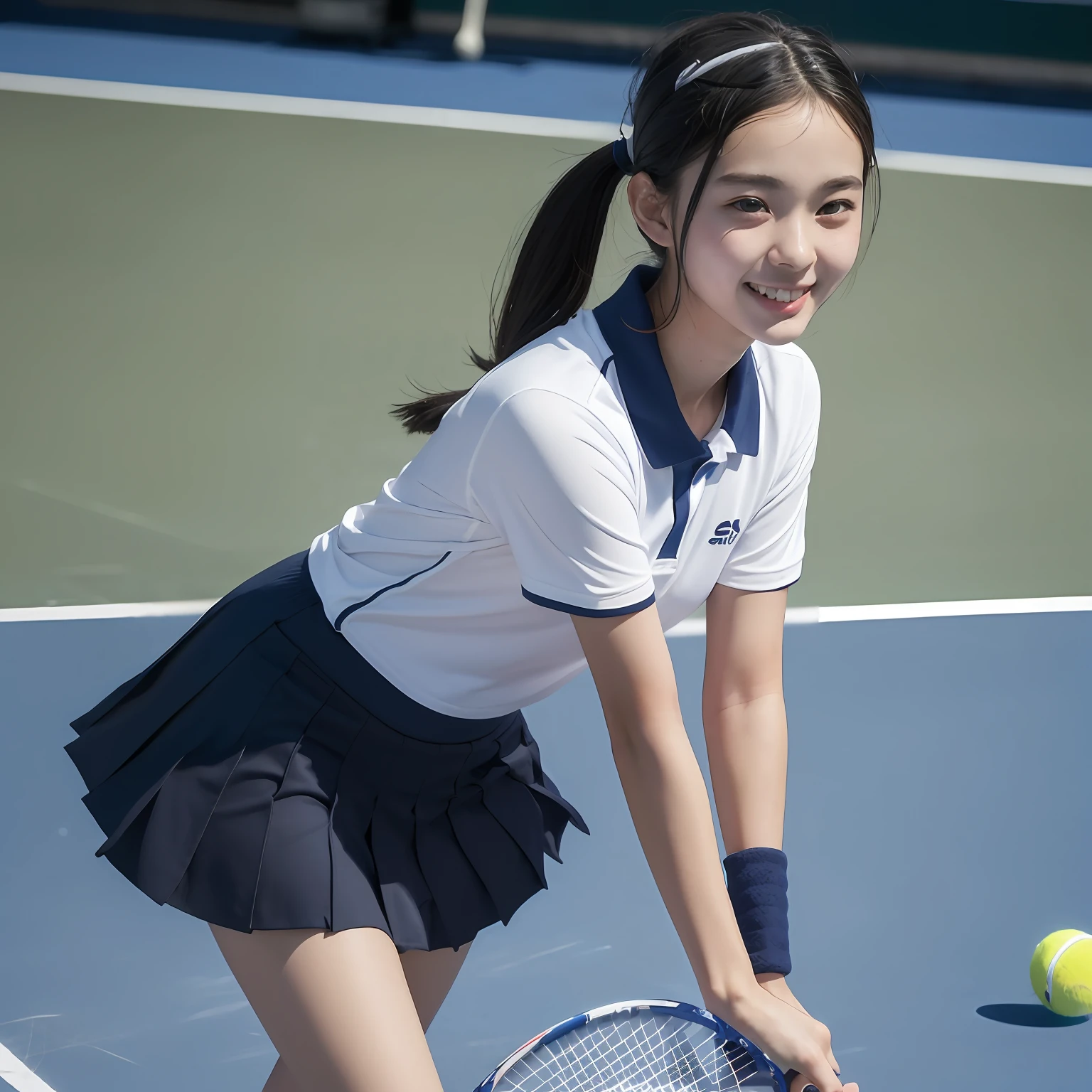 slim figure, femele, Dark blue polo shirt, white pleats skirt, (((Tennis rackets))), A smile, tennis coat, bangss, (((a junior high school student))), Short Bob Twin Tail Hair,realskin, (((sixteen years old))), bangss, Active Pose, Sheer sunlight, sun burn, slightly big breast