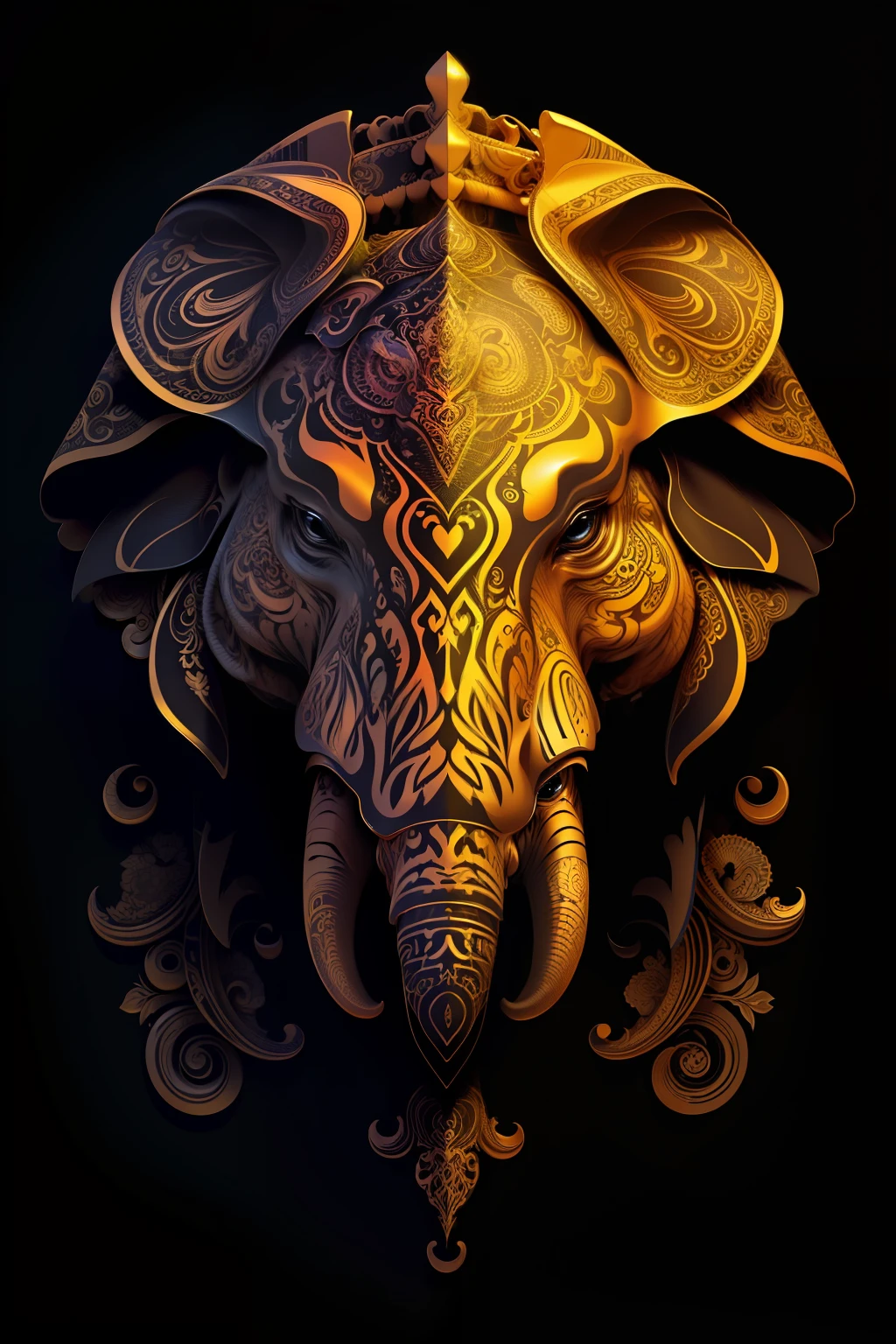 Elephant, extremely detailed and intrincate design, coat of arms. Colorful line art, fractal like, tattoo like design on the elephant. Golden and many colours. Black background.