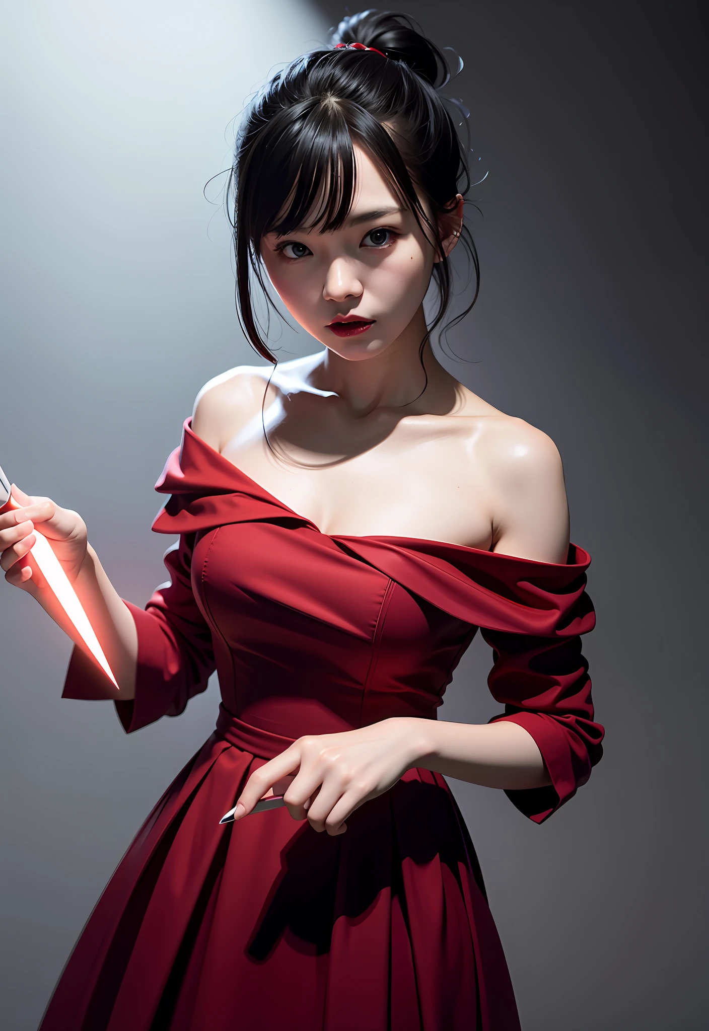 8K、Top image quality、masterpiece、25-years old、(1 adult female)、Red Off Shoulder Dress、Horror style、angry expressions、The dim、The knife glows suspiciously、She's pretty excited、She holds a knife in the dim light、Glaring at us