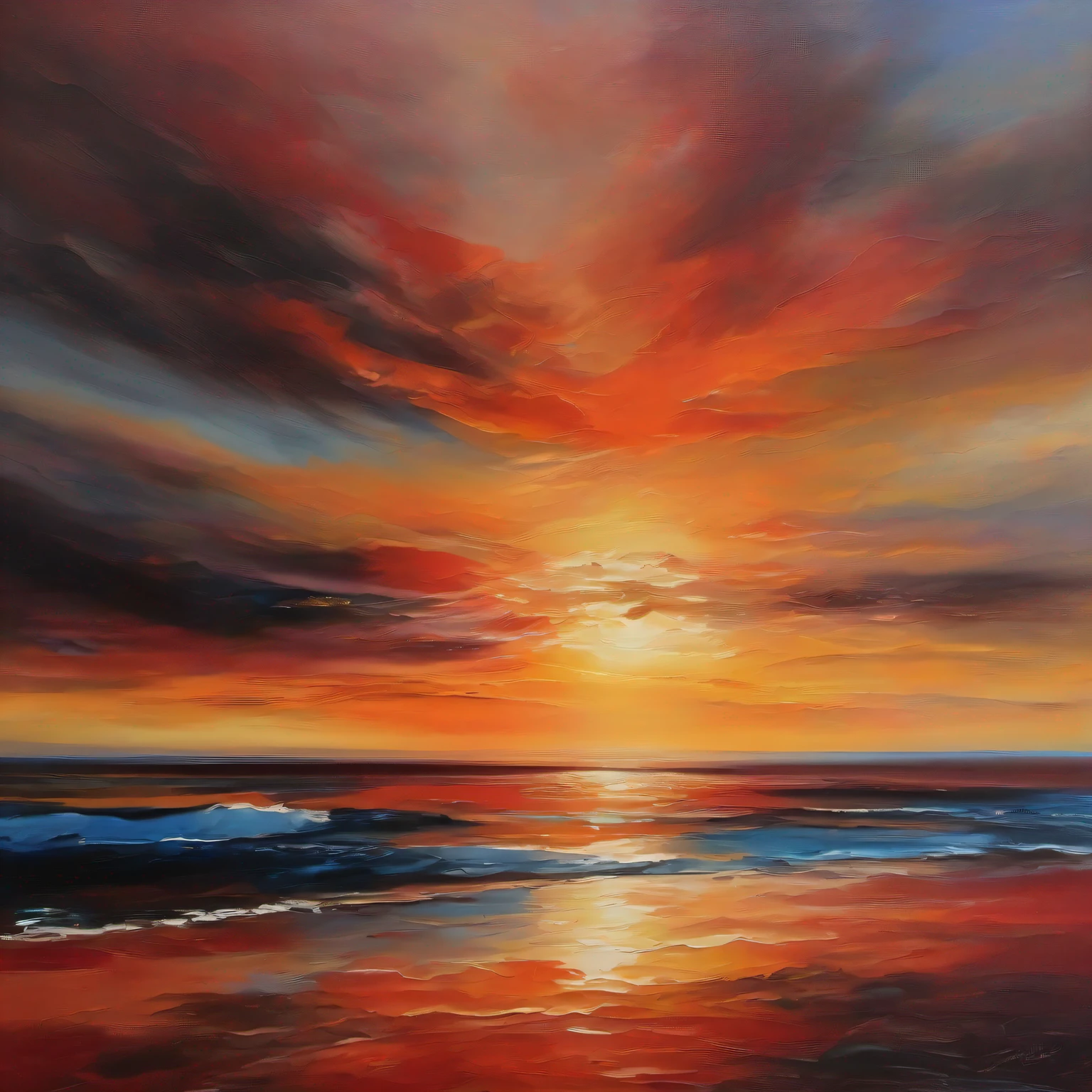 Seaside Landscape, Horizon's Embrace, A realistic portrayal of the breathtaking moment when the setting sun tinges the sea and sky with deep colors, embracing the horizon., Horizon's Embrace, "The sun sets over the calm sea, casting a beautiful orange and red glow. Its mesmerizing light blends with the horizon, where the sky and the sea embrace in a breathtaking moment."