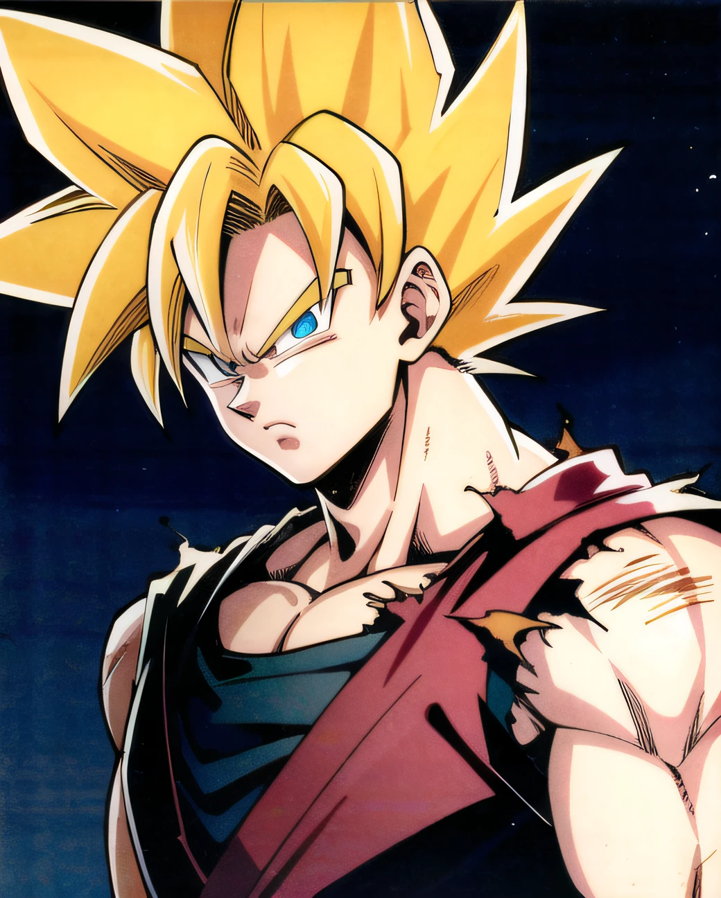 son goku, 1boy, battle damage, muscular, blue eyes, yellow hair, solo, super saiyan, torn clothes, looking straight, very detailed, hd, masterpiece, 8k, professional, symmetrical, (looking at the camera:0.8) in the style of akira toriyama, dragon ball z
