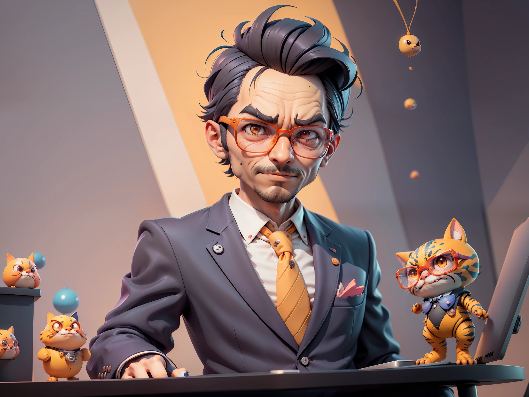 A young man in a suit, Short hair and glasses sat at his desk,holding laptop,digitial painting,tigre,3D character design by Mark Clairen and Pixar and Hayao Miyazaki and Akira Toriyama,4K HD illustration,Very detailed facial features and cartoon-style visuals。