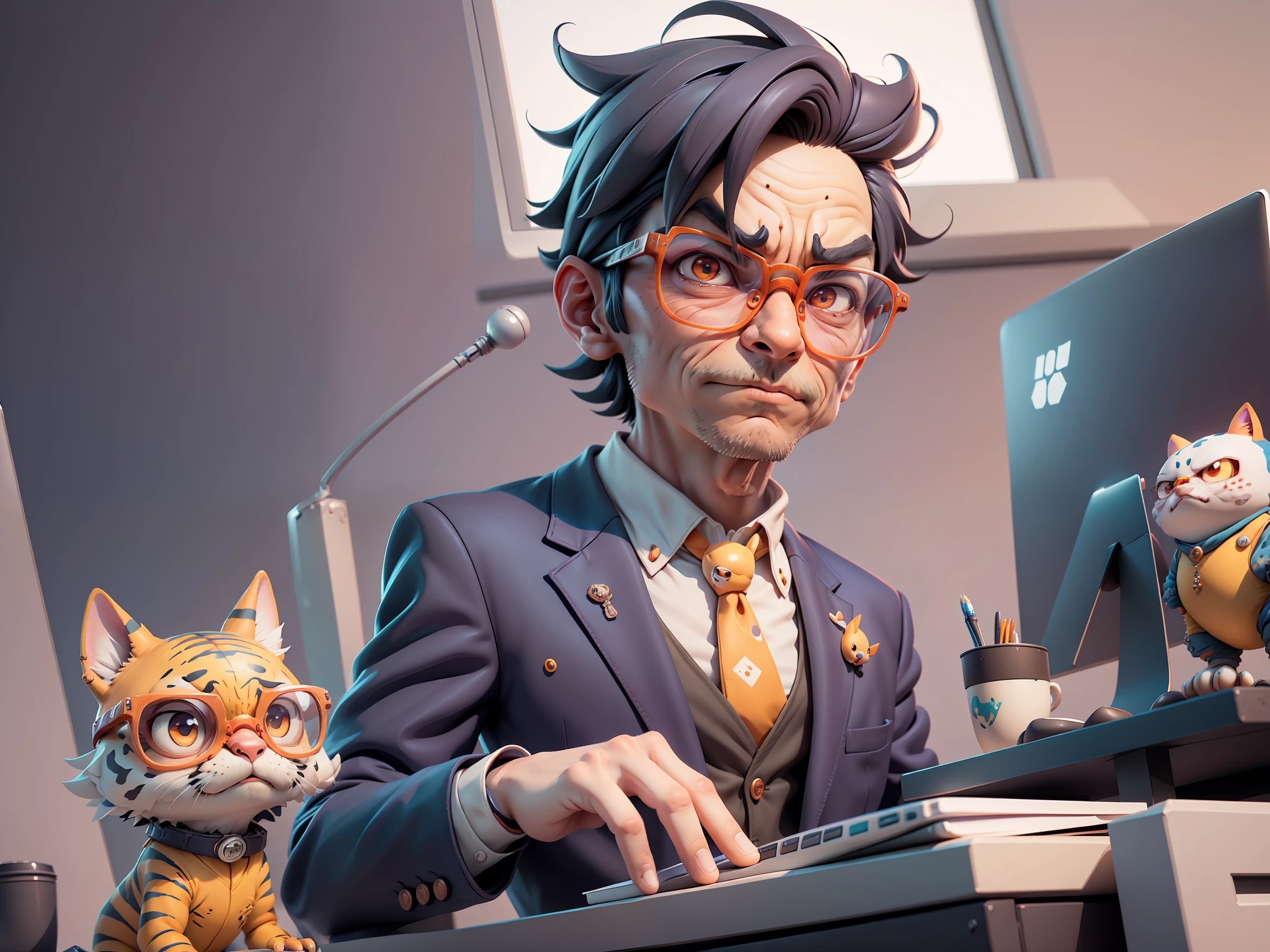A young man in a suit, Short hair and glasses sat at his desk，holding laptop，digitial painting，tigre，3D character design by Mark Clairen and Pixar and Hayao Miyazaki and Akira Toriyama，4K HD illustration，Very detailed facial features and cartoon-style visuals。