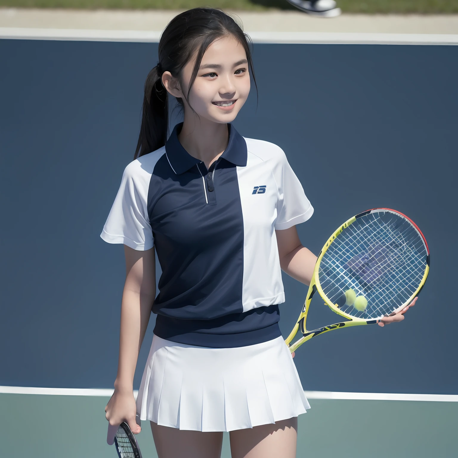 slim figure, femele, Dark blue polo shirt, white pleats skirt, (((Tennis rackets))), A smile, tennis coat, bangss, (((a junior high school student))), Short Bob Twin Tail Hair,realskin, (((sixteen years old))), bangss, Active Pose, Sheer sunlight, sun burn, slightly big breast