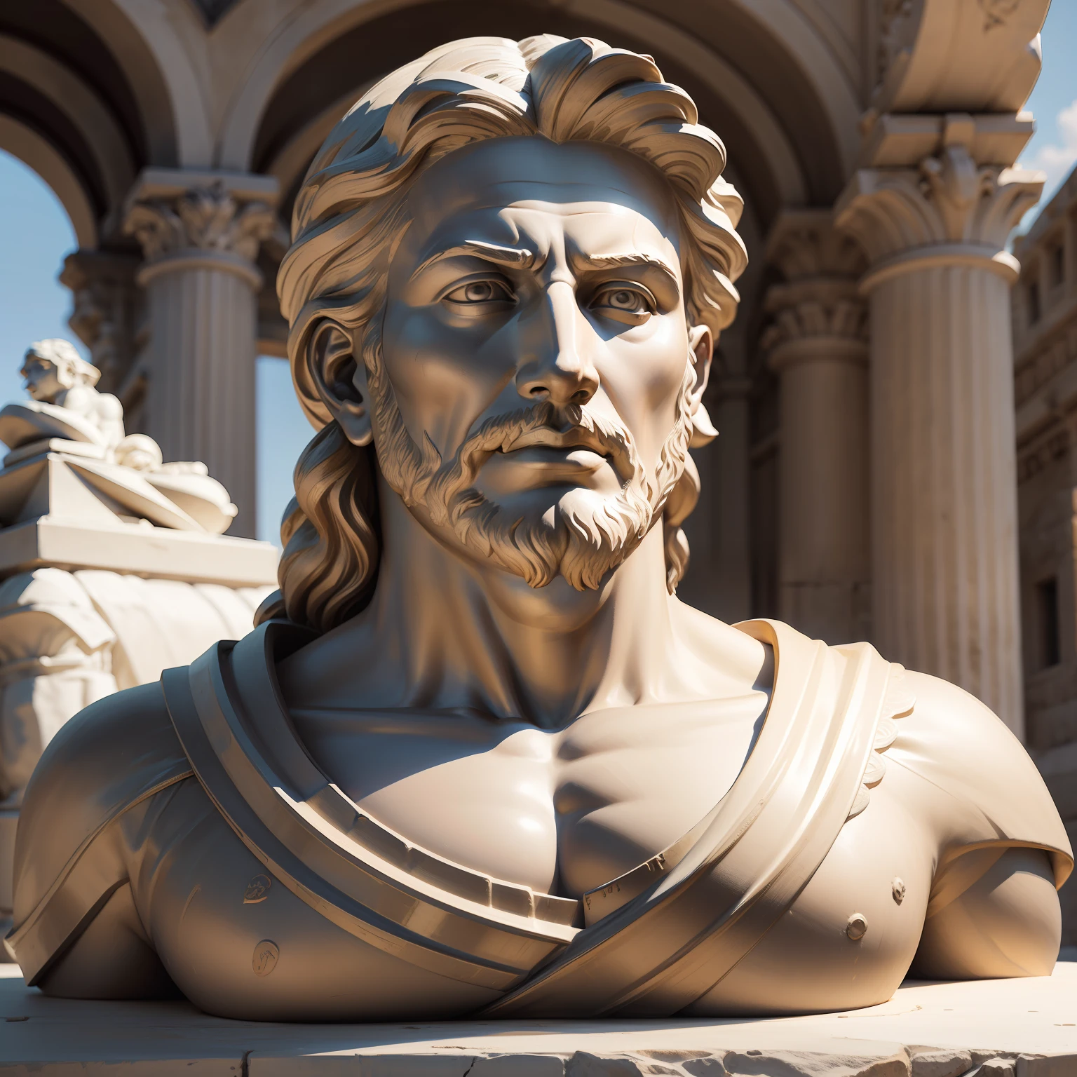 Create a photo of a realistic Greek philosopher statue in detailed portrait mode with 8K