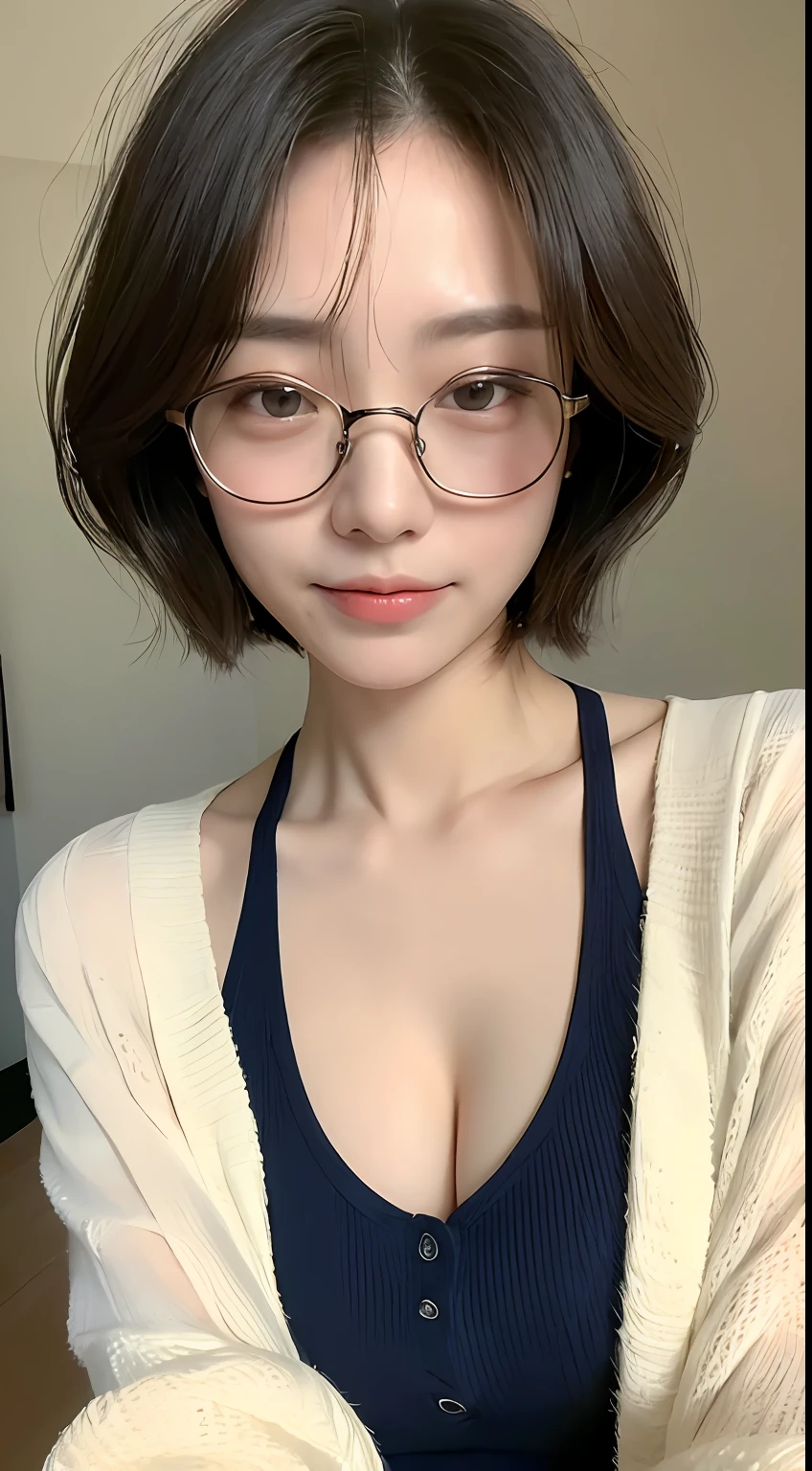 ((top-quality、8k、​masterpiece:1.3))、女の子1人、Beautiful woman with slender abs:1.3、(medium short hair、爆乳:1.2)、cardigan:1.1、hyperdetailed face、A detailed eye、二重まぶた、bespectacled、under-rim、toppless、teats、Fluttering my chest、an ecstatic look on one's face