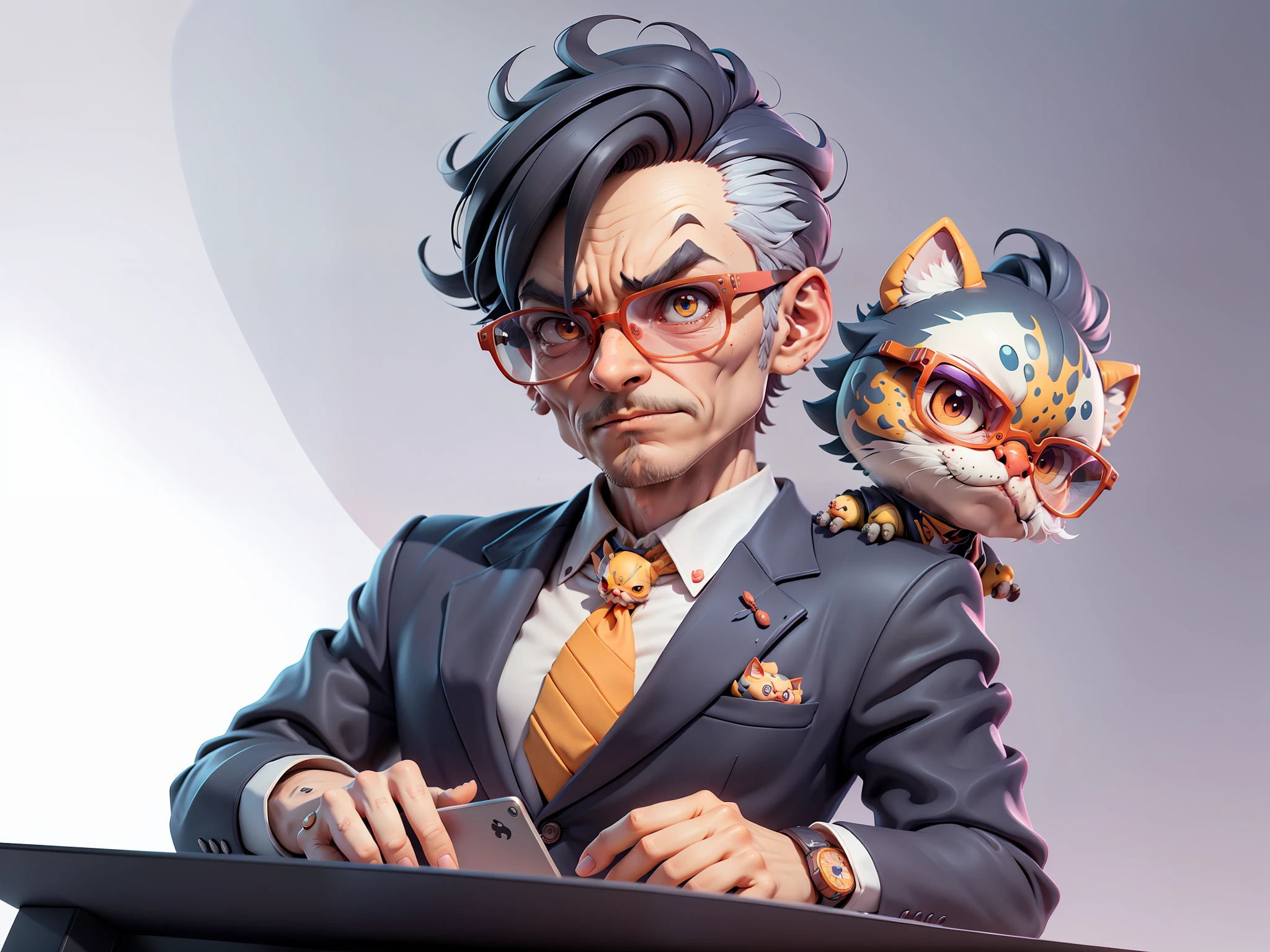 A young man in a suit, Short hair and glasses sat at his desk,holding laptop,digitial painting,tigre,3D character design by Mark Clairen and Pixar and Hayao Miyazaki and Akira Toriyama,4K HD illustration,Very detailed facial features and cartoon-style visuals。