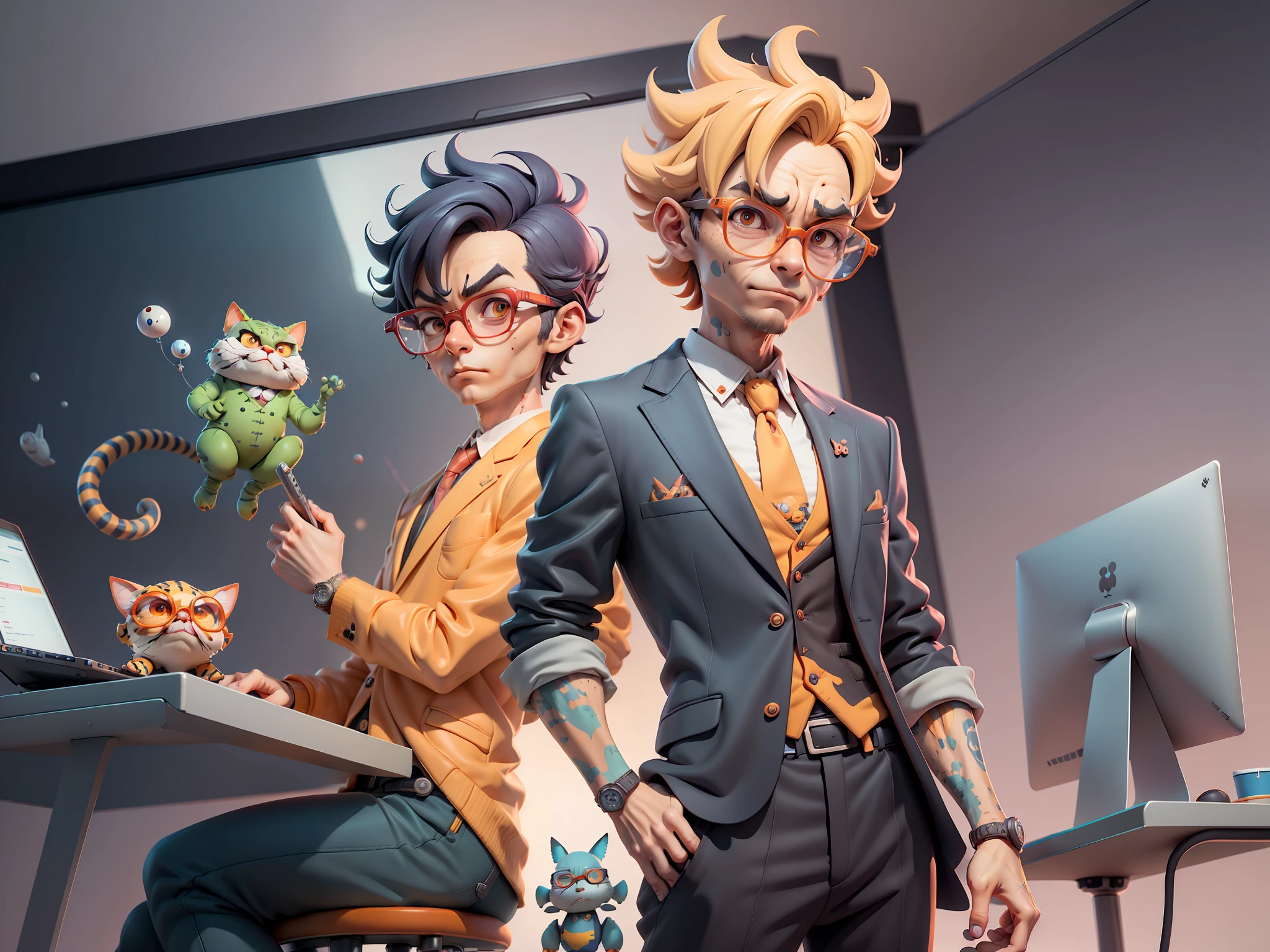 A young man in a suit, Short hair and glasses sat at his desk,holding laptop,digitial painting,tigre,3D character design by Mark Clairen and Pixar and Hayao Miyazaki and Akira Toriyama,4K HD illustration,Very detailed facial features and cartoon-style visuals。