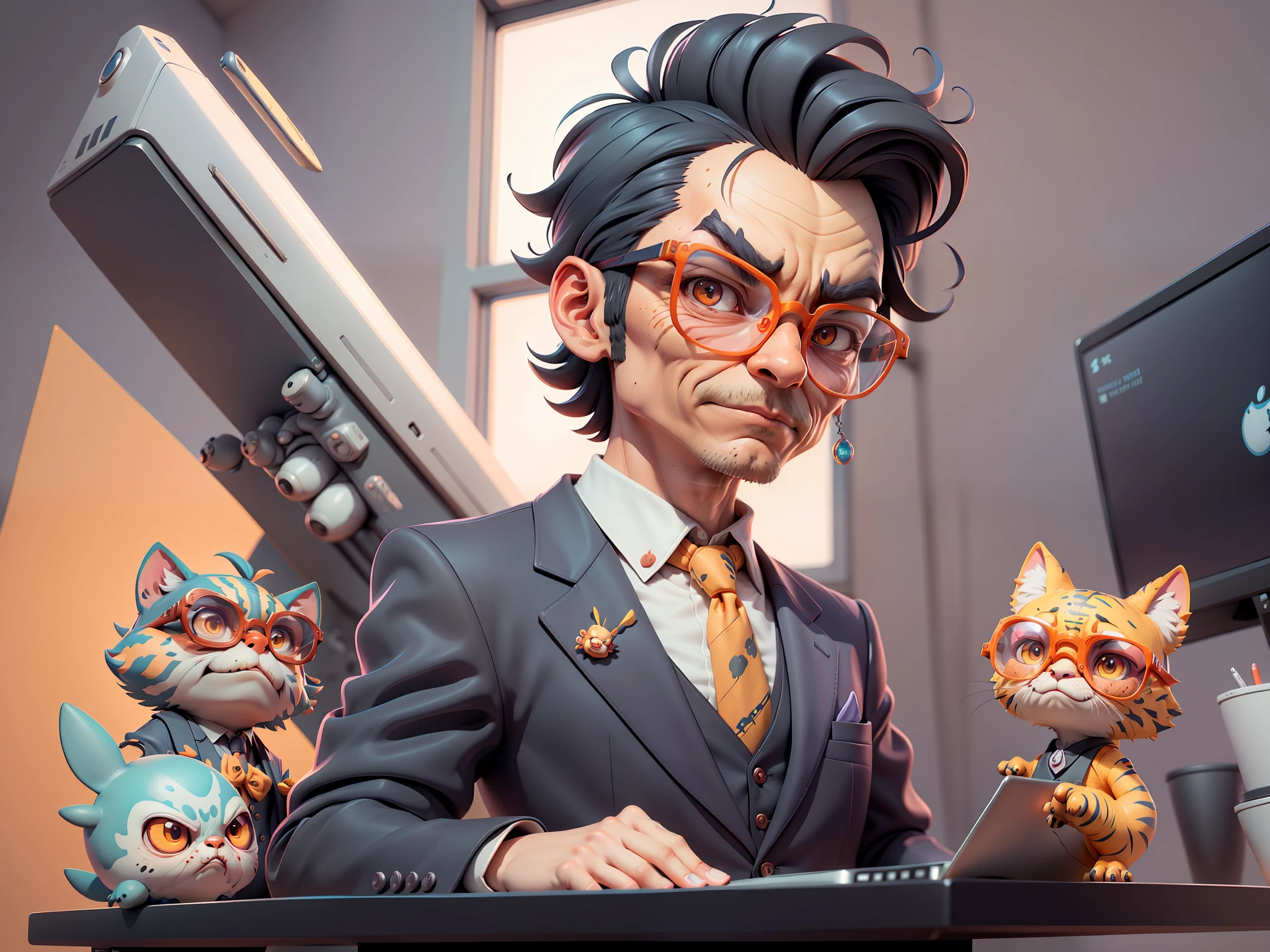 A young man in a suit, Short hair and glasses sat at his desk,holding laptop,digitial painting,tigre,3D character design by Mark Clairen and Pixar and Hayao Miyazaki and Akira Toriyama,4K HD illustration,Very detailed facial features and cartoon-style visuals。