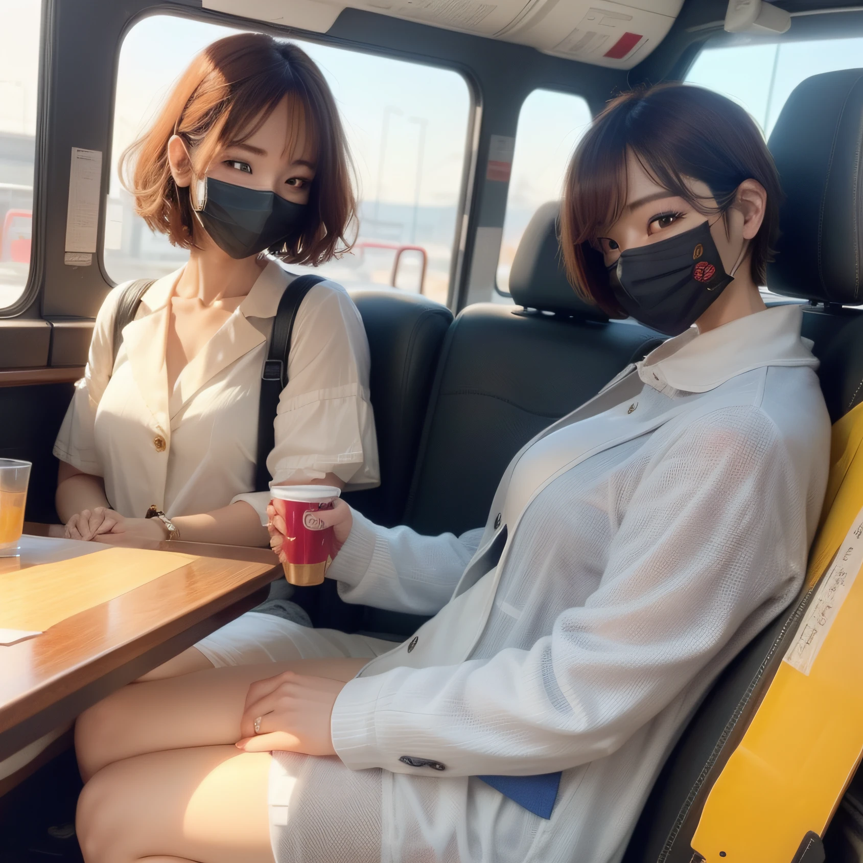 The girl sitting diagonally across from me，short detailed hair、Wear a mask、Single Eyelids、Smile at me、Sit upright