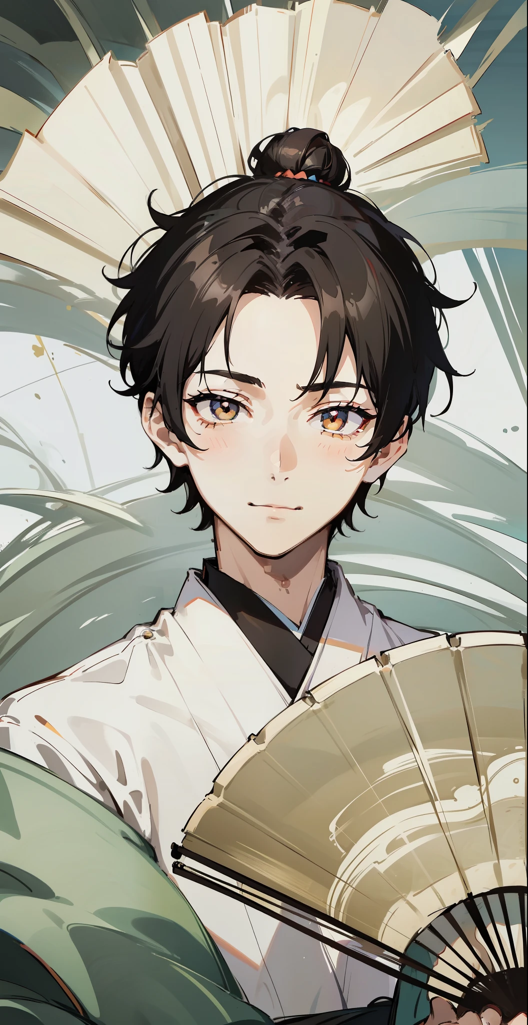 (((1boy))), ((toned)), male focus, masterpiece, high quality, (masterpiece:1.2), (best quality:1.2), shiny, realistic, ornate, intricate skin, ((black hair)), (short hair), brown eyes, hair_stick, hot_boy, japanese_clothes, jewelry, solo, pointy_ears, hair_bun, hair_ornament, hair_pin, holding_fan, paper_fan, elegant, looking_at_viewer, holding_fan, red_eyeliner, FH, sad eyes, looking at the horizon, constricted pupils, dynamic pose, (shadows cast over face:1.3), sexy smile, (upper body), crazy