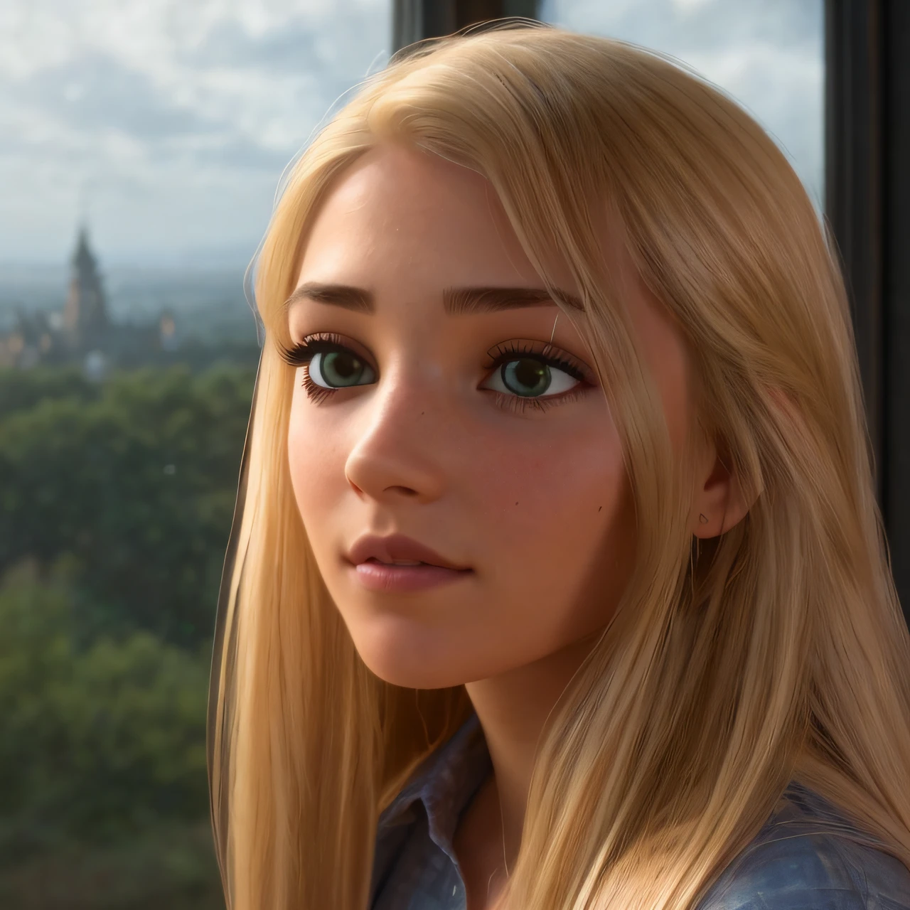 cute girl looks out of the window, very long hair, blonde, (glowing hair:1.5), posed, castle, (photorealism:1.3), (dynamic shadows, dynamic lighting:1.2), (natural skin texture:1.5), (natural lips, detailed lips:1.3), (natural shadows, detailed shadows:1.5), (hyperrealism, soft light, sharp), (hdr, hyperdetailed:1), (intricate details:0.8), hight quality, detailed eyes, detailed hair, detailed skin, 8k, (cinematic look:1.4), soothing tones, insane details, intricate details, hyperdetailed, low contrast, soft cinematic light, dim colors, exposure blend, hdr, faded, slate gray atmosphere