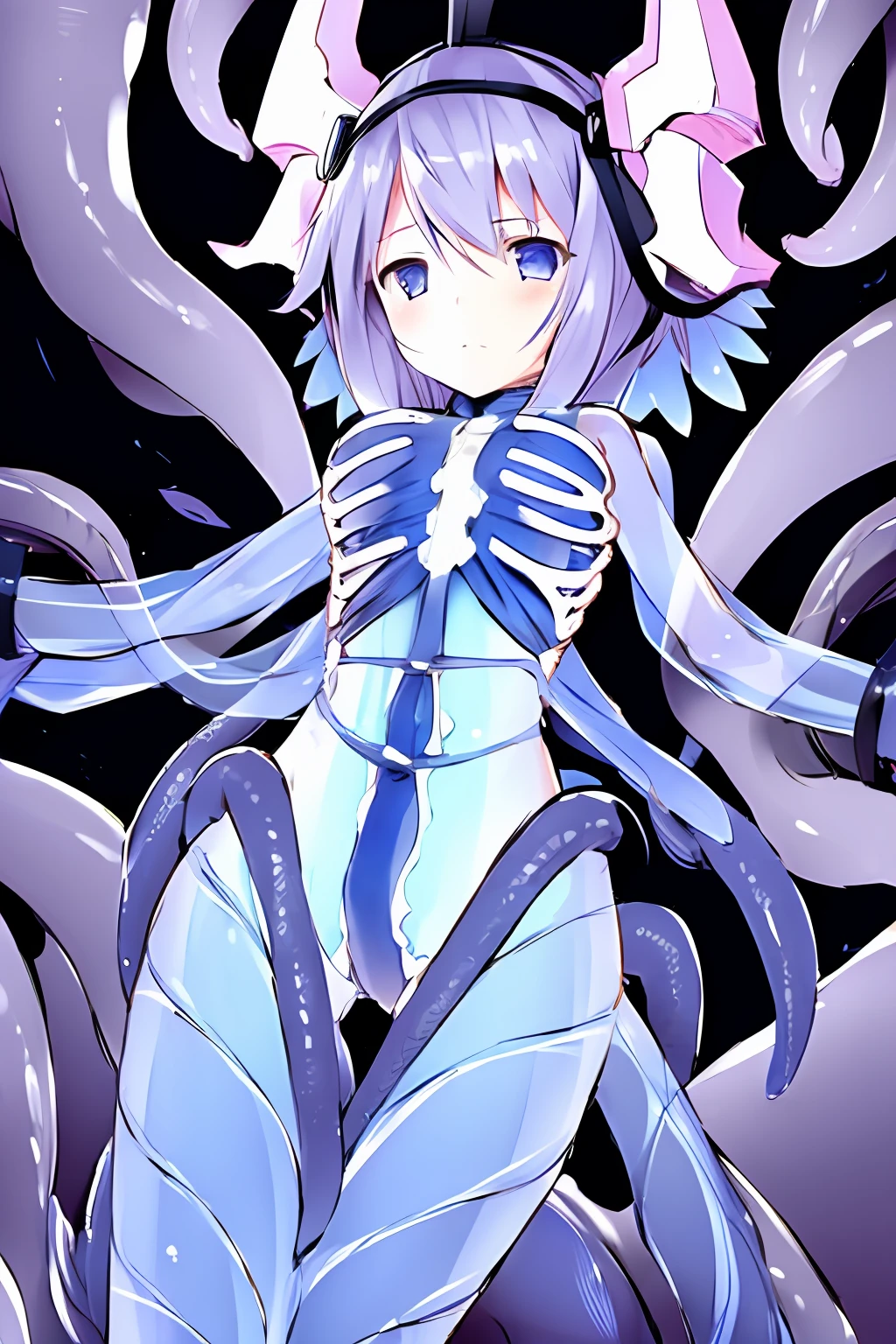 1girl, fusioning tentacles, cellular anatomy, headgear, see-through, ribs