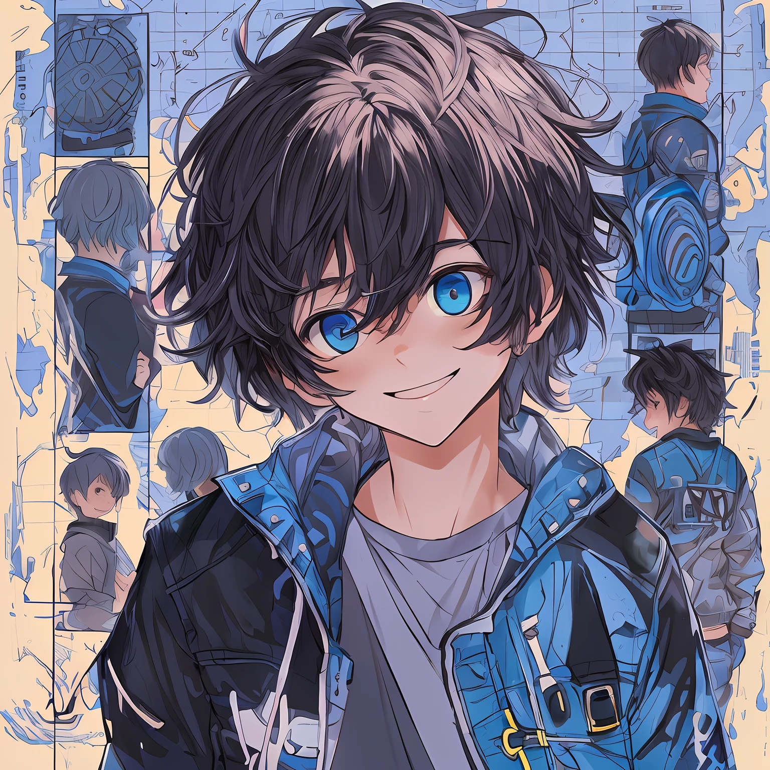 fundo, primeiro plano, profundidade de campo,
obra-prima, melhor qualidade, 1boy, solo, olhos pazuis, cabelo castanho, Black jacket on top and blue on bottom, , sorrindo, mid hair, fundo simples