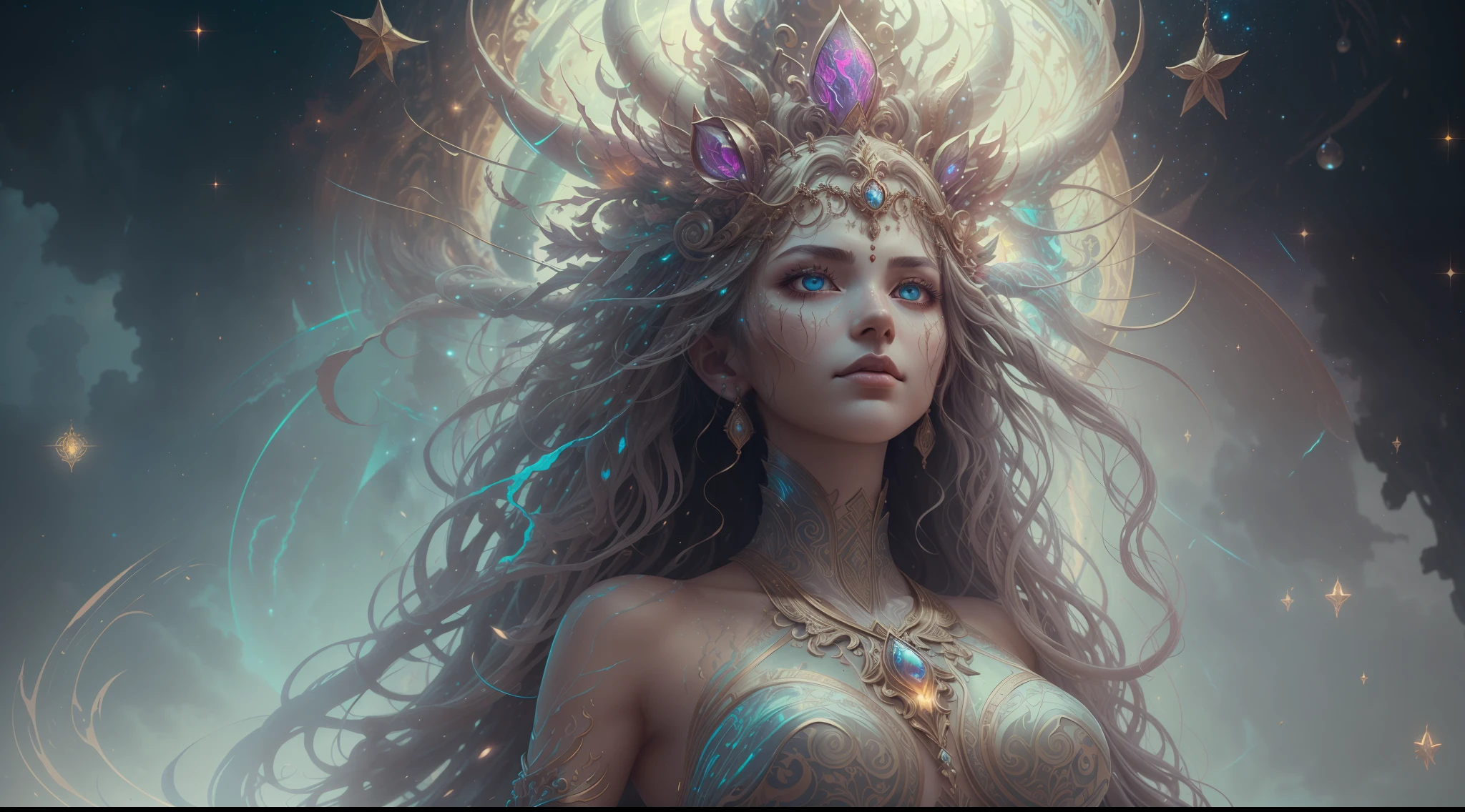 Eldritch, Harsh ancient gods in the night storm, Cloaked in a starry sky, [[Sophia Anne Caruso]], [zendaya], Translucent ivory prosthetic Eldridge horror, Erotic pose, Cinematic lighting, (By (Daniel Mernagh) (Carne Griffiths) Monika Nowak), Highly detailed, Detailed face, Soft body, Alien, Close-up of a goddess with a crown on her head, goddes, The upper part of the body，sideface, a stunning portrait of a goddess, Fantasy art Behance, goddes, Extremely high detail, Trending ArtStation, Deviantart ArtStation CGSCOSIETY, extremely detailed goddess shot, trending on artstation 4k, 3 d goddess portrait, hindu aesthetic, trends in art station
