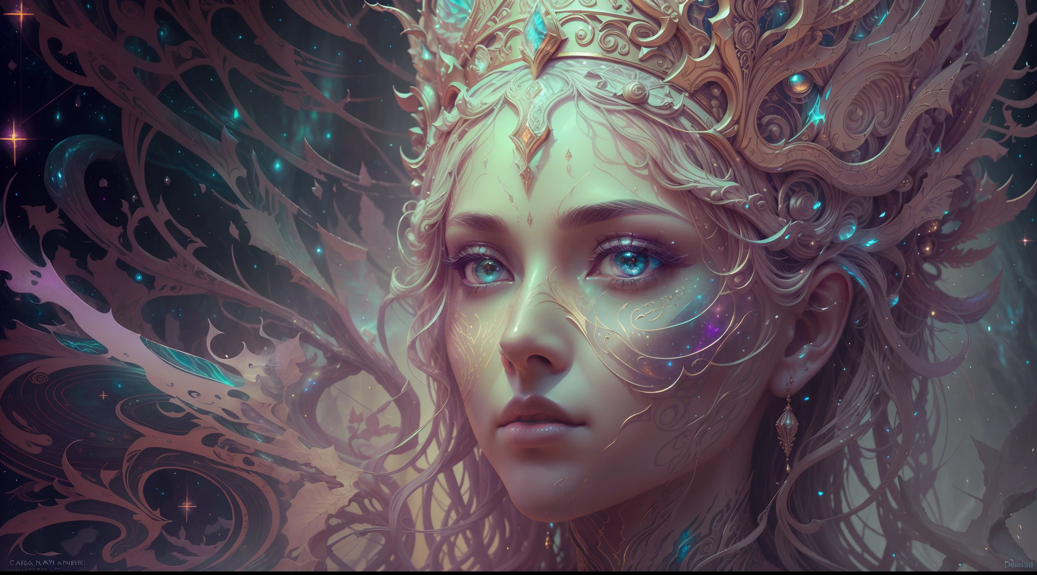 Eldritch, Harsh ancient gods in the night storm, Cloaked in a starry sky, [[Sophia Anne Caruso]], [zendaya], Translucent ivory prosthetic Eldridge horror, Erotic pose, Cinematic lighting, (By (Daniel Mernagh) (Carne Griffiths) Monika Nowak), Highly detailed, Detailed face, Soft body, Alien, Close-up of a goddess with a crown on her head, goddes, The upper part of the body，sideface, a stunning portrait of a goddess, Fantasy art Behance, goddes, Extremely high detail, Trending ArtStation, Deviantart ArtStation CGSCOSIETY, extremely detailed goddess shot, trending on artstation 4k, 3 d goddess portrait, hindu aesthetic, trends in art station