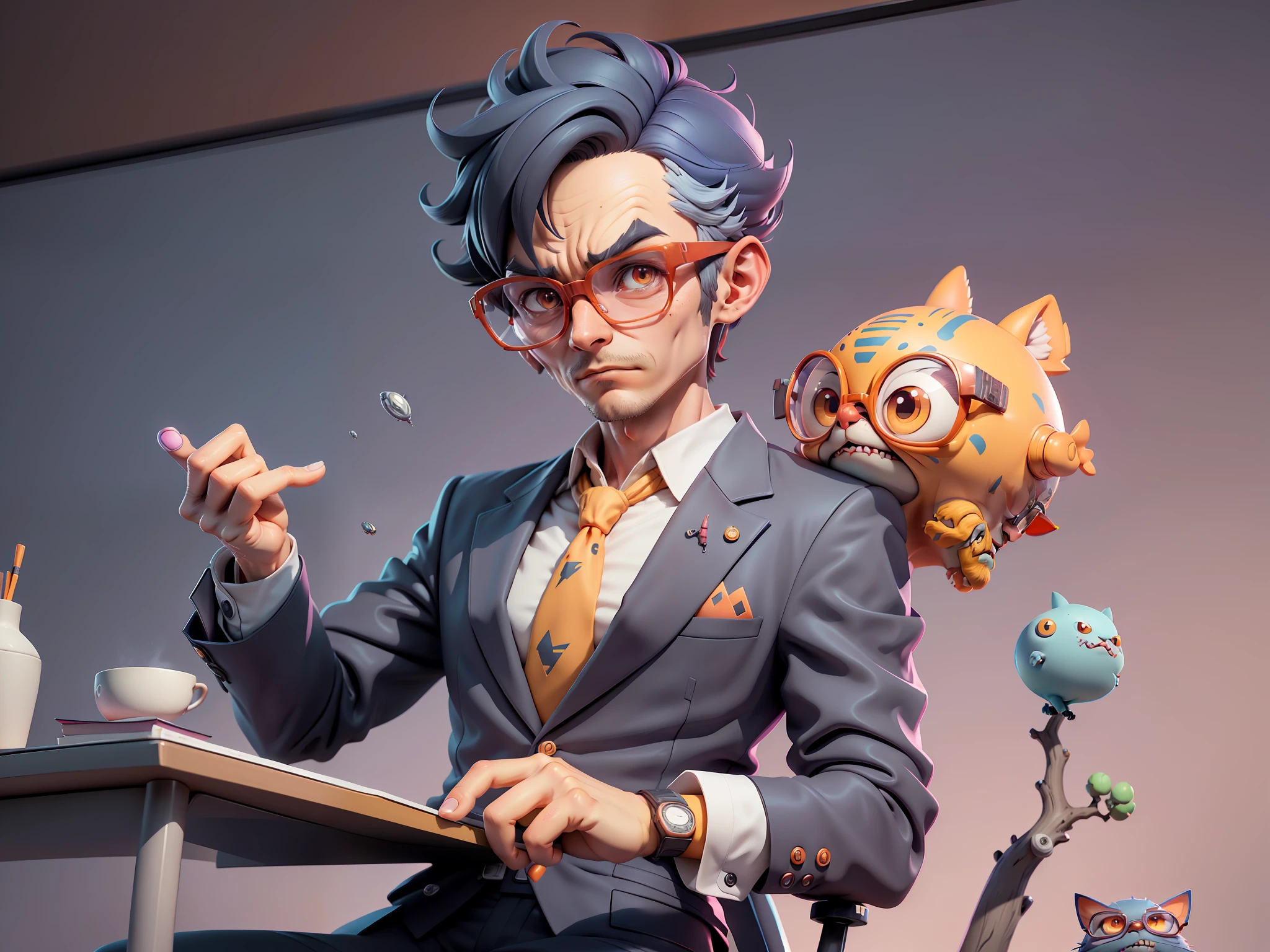 A young man in a suit, Short hair and glasses sat at his desk,holding laptop,digitial painting,tigre,3D character design by Mark Clairen and Pixar and Hayao Miyazaki and Akira Toriyama,4K HD illustration,Very detailed facial features and cartoon-style visuals。