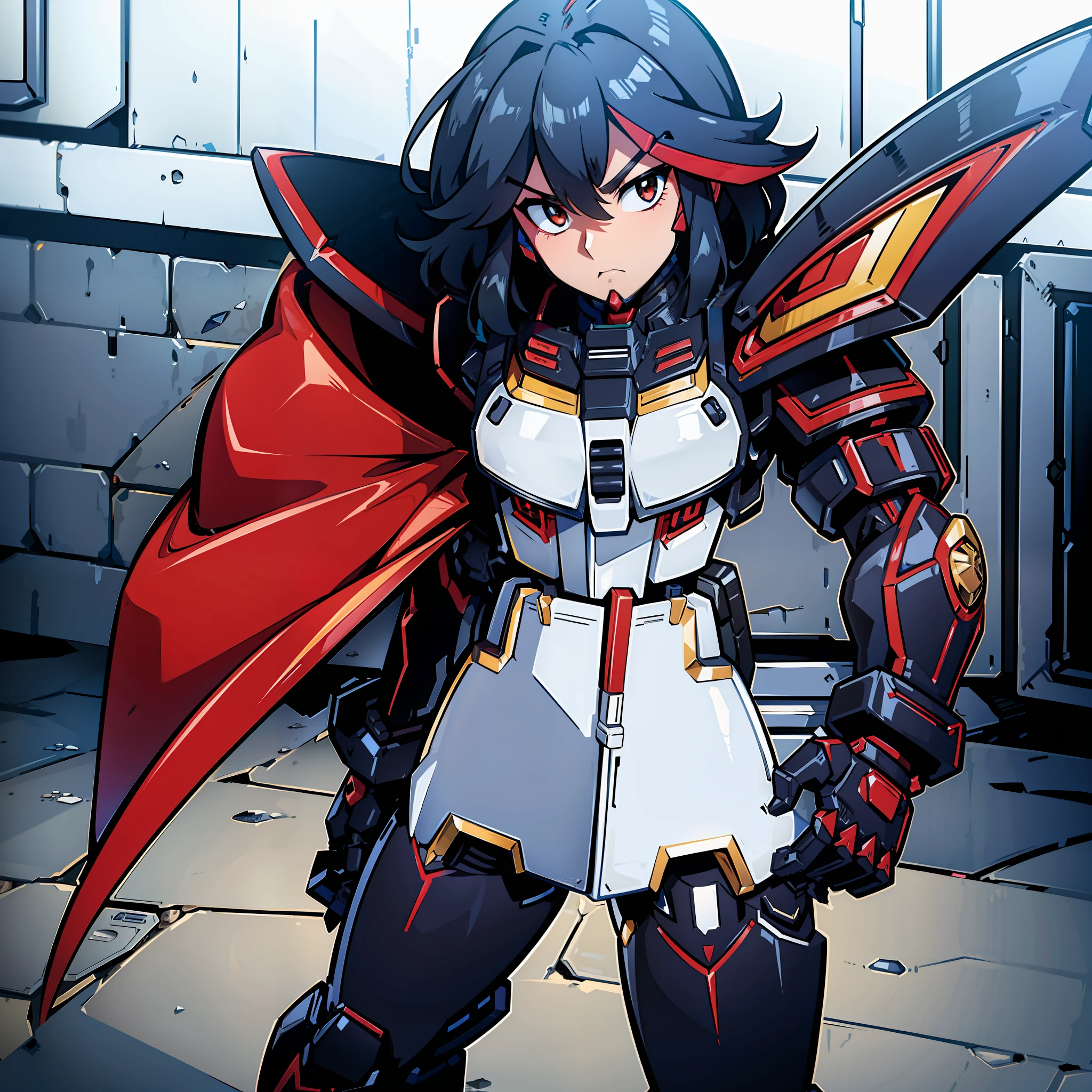 "Heavy Gundam armor, fully enclosed torso, sleek black and red armor, thick waist armor, officer-style armor, menacing presence."