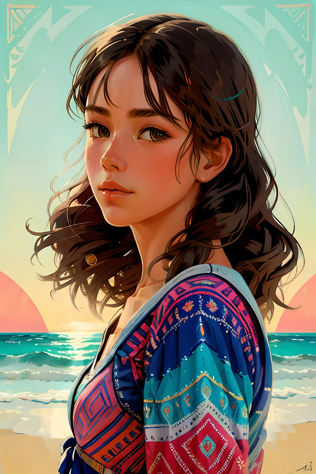 A beautiful portrait of a surfer girl at the beach at sunst, in a whimsical and colorful circus setting, featuring intricate details and a retro aesthetic, created in the art style of Conrad Roset and Jeremy Lipkin.