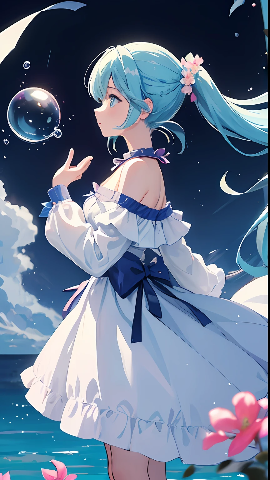 (masterpiece)、(best qualtiy)、(ultra-detailliert)、(dishevled hair)、(illustratio)、(1 girl in)、(Fashionable clothes)、is standing、fashion modell、see the beholder、(interview)、(simple background)、Fine and beautiful eyes、Delicate beautiful face、Planktonic、(a high chroma)、(colorful water splash)、colorful bubble、(brilliance)、focus on face、poneyTail、Kamisato colorful flowers、lightblue hair、bangss、hair rings、Floating flowers、Floating hairs、(SHINES)、The best lighting、Best Shadows、profile