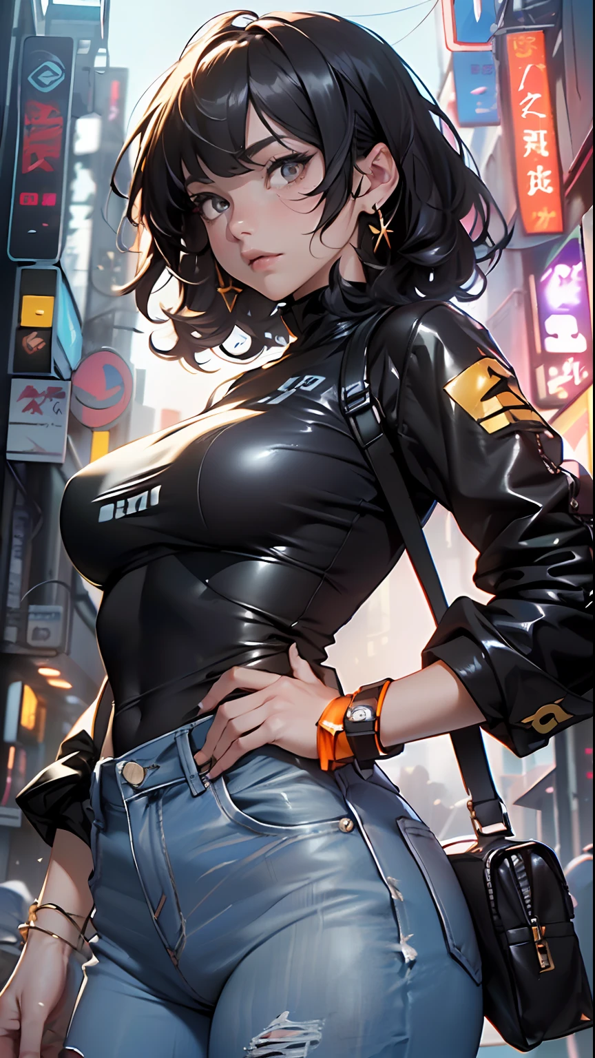 girl spacepunk,(((1girl))),((extremely cute and beautiful black curly-haired anime girl walking down the street)),

(short breasts:1.4),(((black curly hair:1.35,very curly hair,colored inner hair,ear breathing))), ((brown eyes:1.3,upturned eyes:1.3,perfect eyes,beautiful detailed eyes, rainbow glows ultra-detailed deep gold brown eyes:1.1,gradient eyes:1, finely detailed beautiful eyes:1,symmetrical eyes:1,big highlight on eyes:1.2)),((fat)), (((lustrous skin:1.5, bright skin: 1.5,skin tanned,shiny skin,very shiny skin,shiny body,plastic glitter skin,exaggerated shiny skin))),delicate detailed fingers,detailed body,detailed arms, human hands,detailed hands,), 

cute,

(gray shirt with an orange squid print, blue denim pants),(detailed outfit, detailed clothes), 

(dynamic pose:1.0), solo focus, embarrassed, centered, scale to fit dimensions, Rule of thirds,

outdoors, (cyberpunk Background: 1.5, detailed background:1.25),

(Isometric: 1.0), double exposure, (masterpiece, best quality:1.3), (highres:1.5), absurdres, ultra detailed, cinematic light, realistic, ultra-realistic, high contrast, extraordinarily nice, vibrant colors,  (intricate), HDR (High Dynamic Range),Ray Tracing,NVIDIA RTX,Super-Resolution,Unreal 5,Subsurface dispersion, PBR texture, Post-processing, Anisotropic filtering, Depth of field, Maximum clarity and sharpness, Multilayer textures, Albedo and specular maps, Surface shading, Accurate simulation of light-material interaction, Octane Render, Two-tone lighting, Wide aperture, Low ISO, White balance, 8K RAW, Saturation boost,