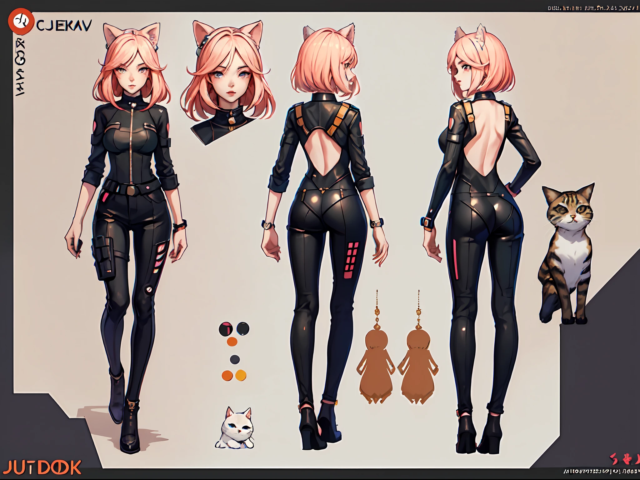 girl, cyberpunk, cat ears, full body, front view, back view, turn around, adoptable, adopt, character sheet, highly detailed